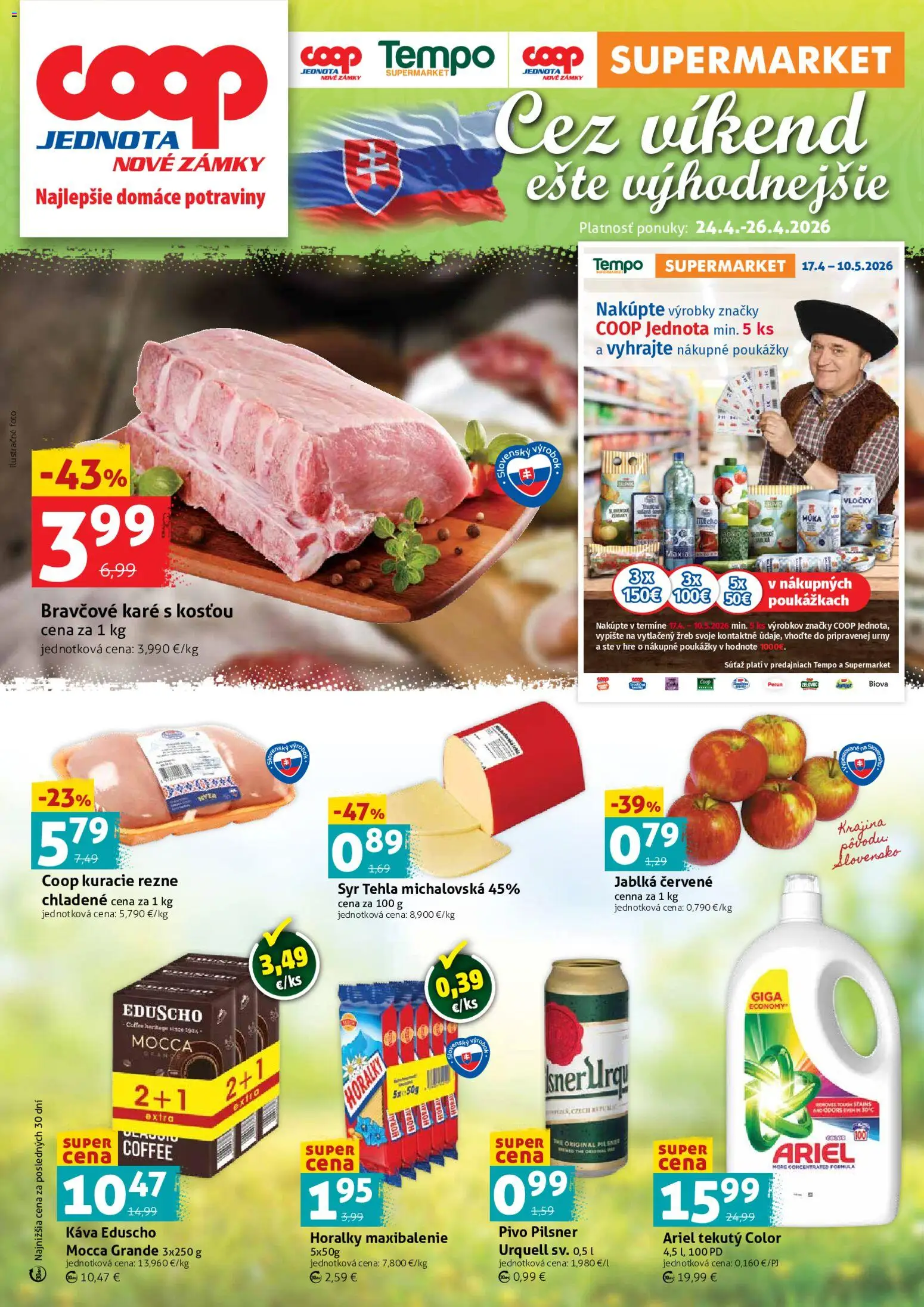 Nové COOP Jednota akcie – leták je platný od 24.04.2026 | Strana: 1 | Produkty: Syr, Ariel, Bravčové karé, Horálky