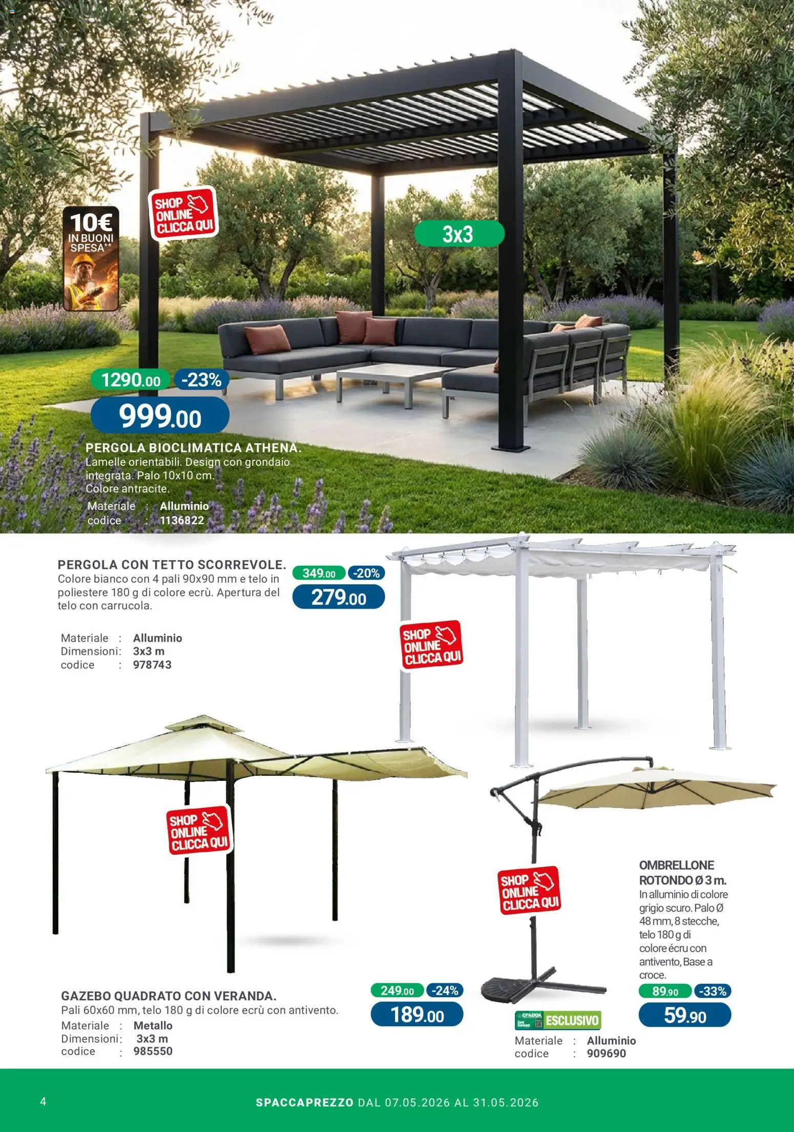 Volantino CFadda del 07.05.2026 | Pagina: 4 | Prodotti: Ombrellone, Gazebo, Pergola, Alluminio
