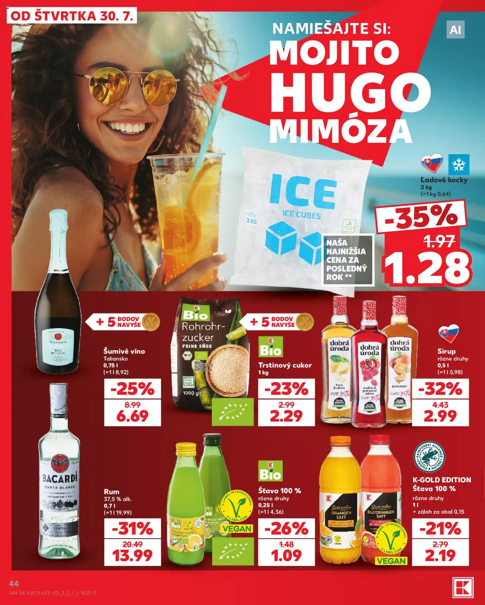 Nové Kaufland akcie – leták je platný od 30.07.2026 | Strana: 44 | Produkty: Víno, Cukor, Trstinový cukor, Bacardi