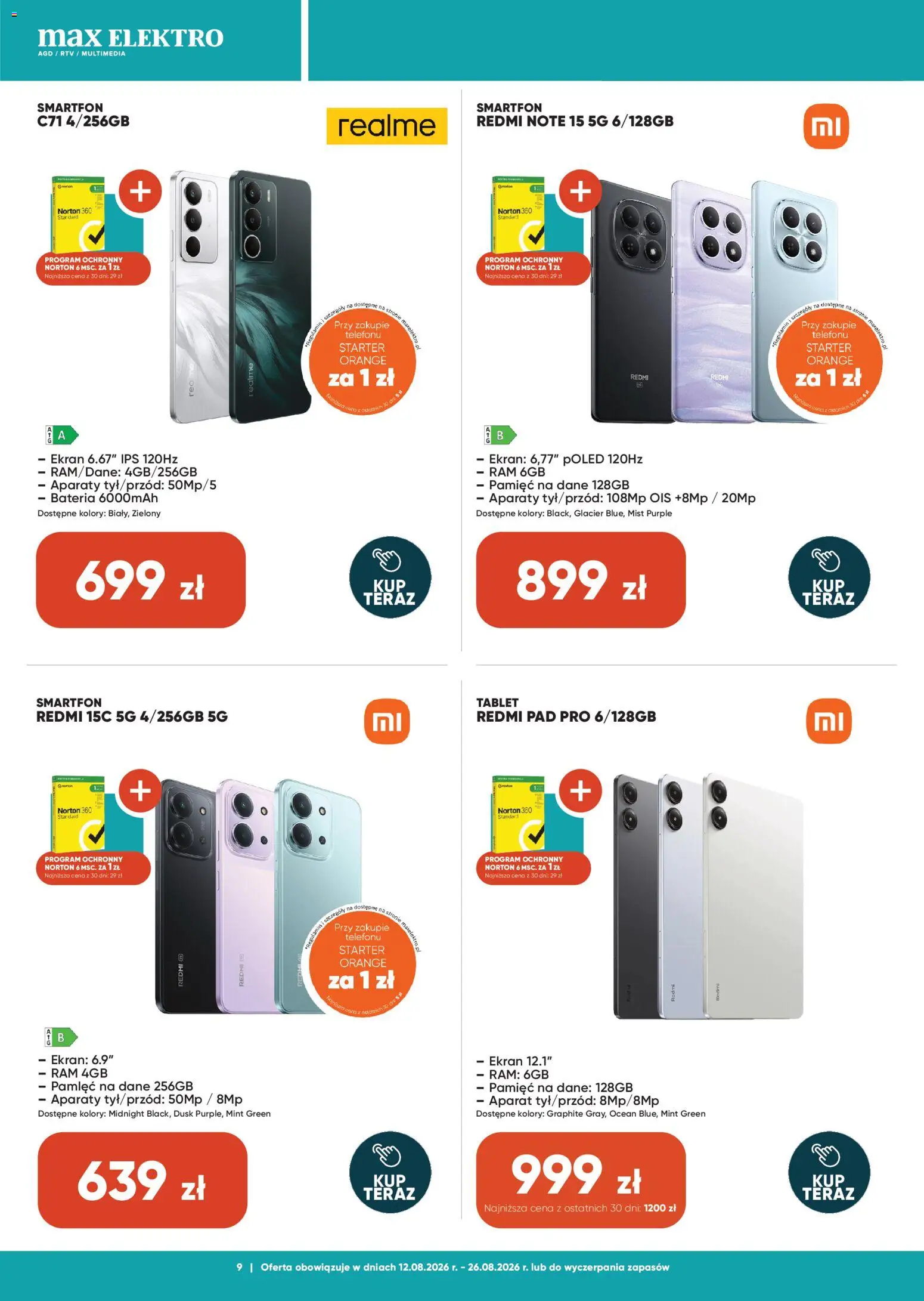 Max elektro gazetka od 12.08.2026 | Strona: 9 | Produkty: Smartfon, Tablet, Starter, Bateria