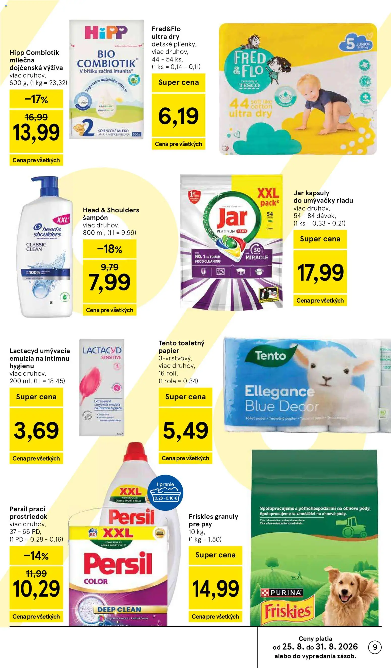 Nové Tesco akcie – leták je platný od 26.08.2026 | Strana: 9 | Produkty: Friskies, Šampón, Toaletný papier, Granule