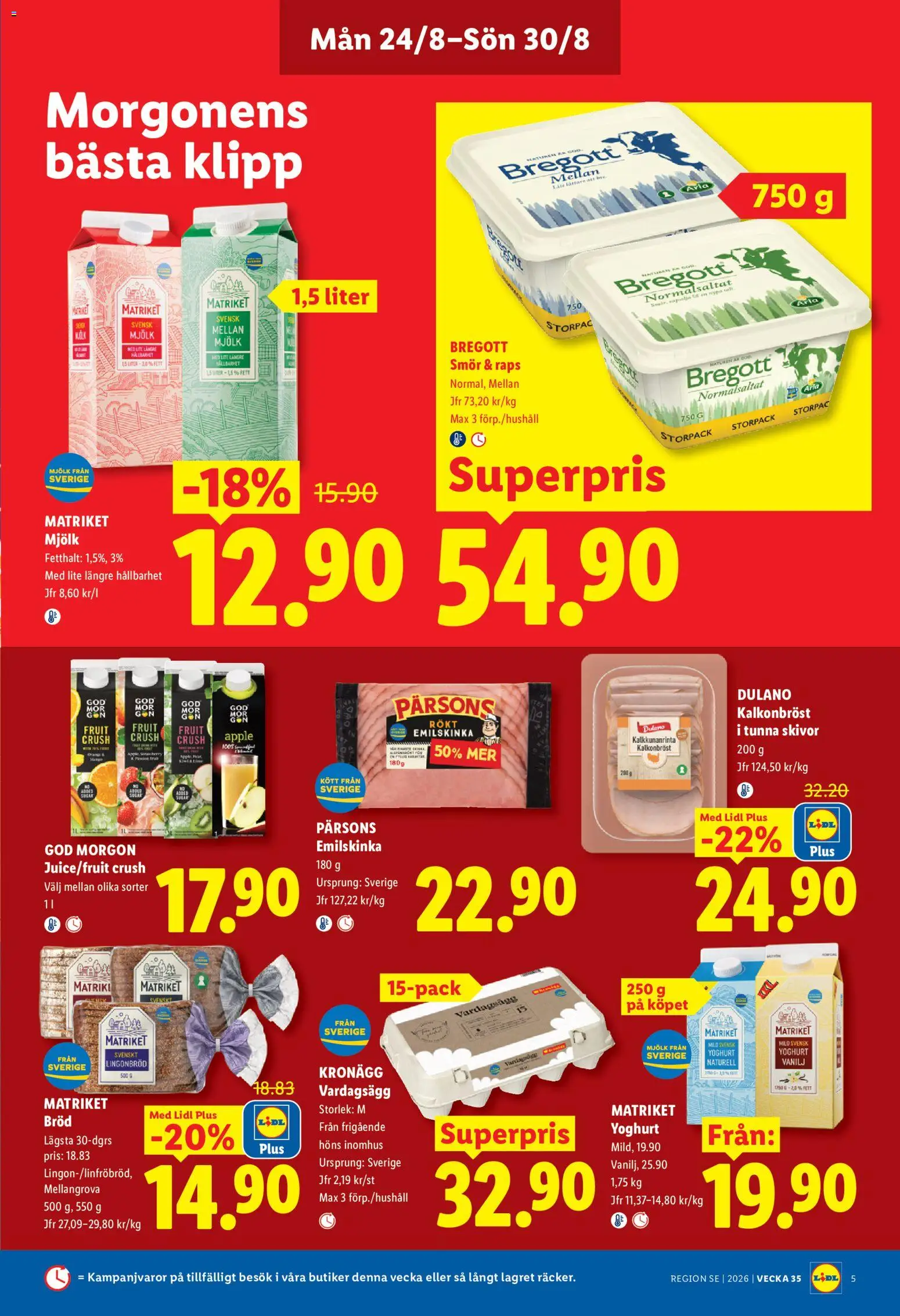 Lidl reklamblad aktuell från 24/08/2026 | Sida: 5 | Produkter: Mjölk, Yoghurt, Kalkonbröst, Kött