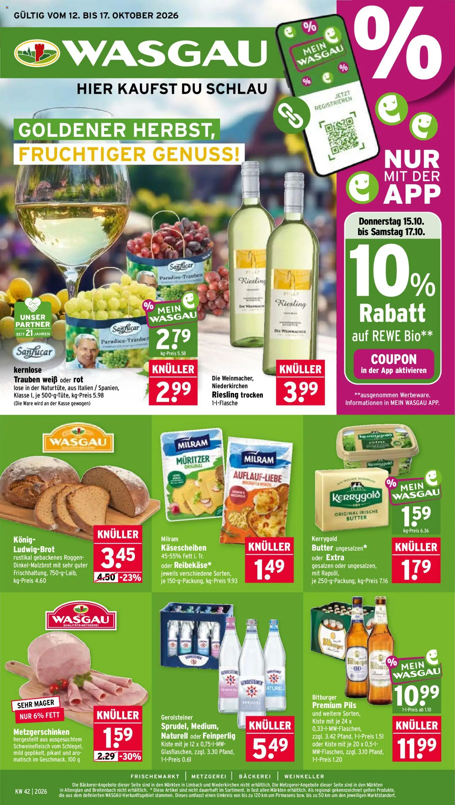 Wasgau Prospekt – gültig ab 12.10.2026 | Seite: 1 | Produkte: Butter, Pils, Milram, Gerolsteiner