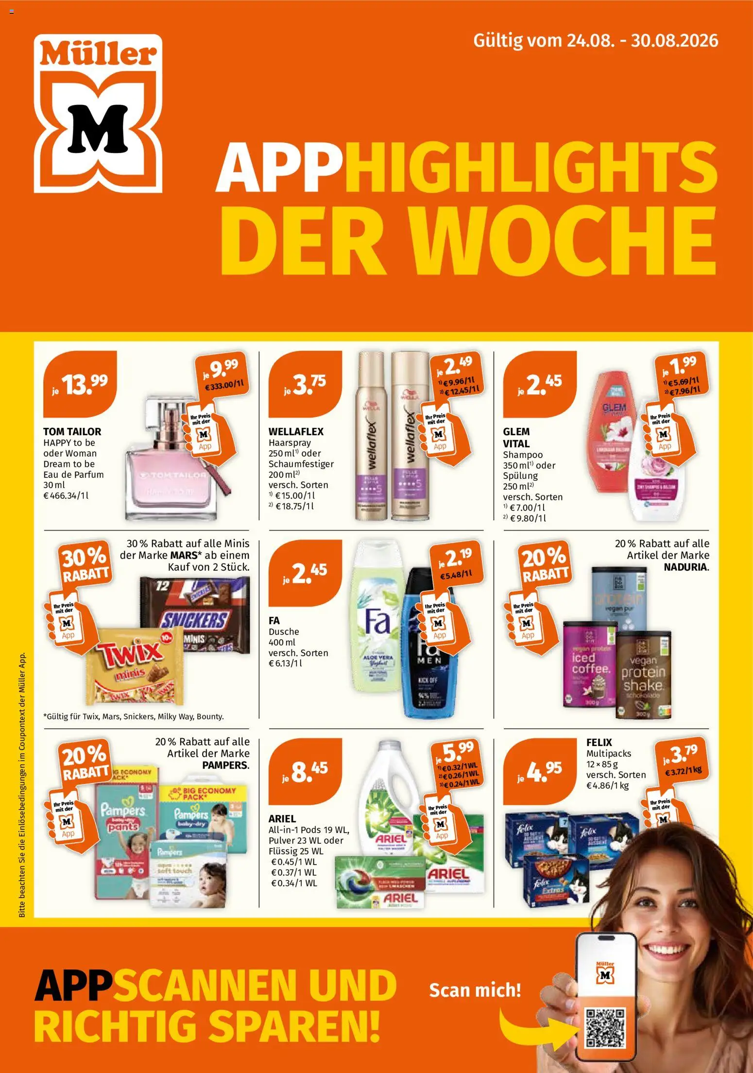 Müller Flugblatt gültig ab 24.08.2026 | Seite: 1 | Produkte: Parfüm, Spülung, Snickers, Haarspray