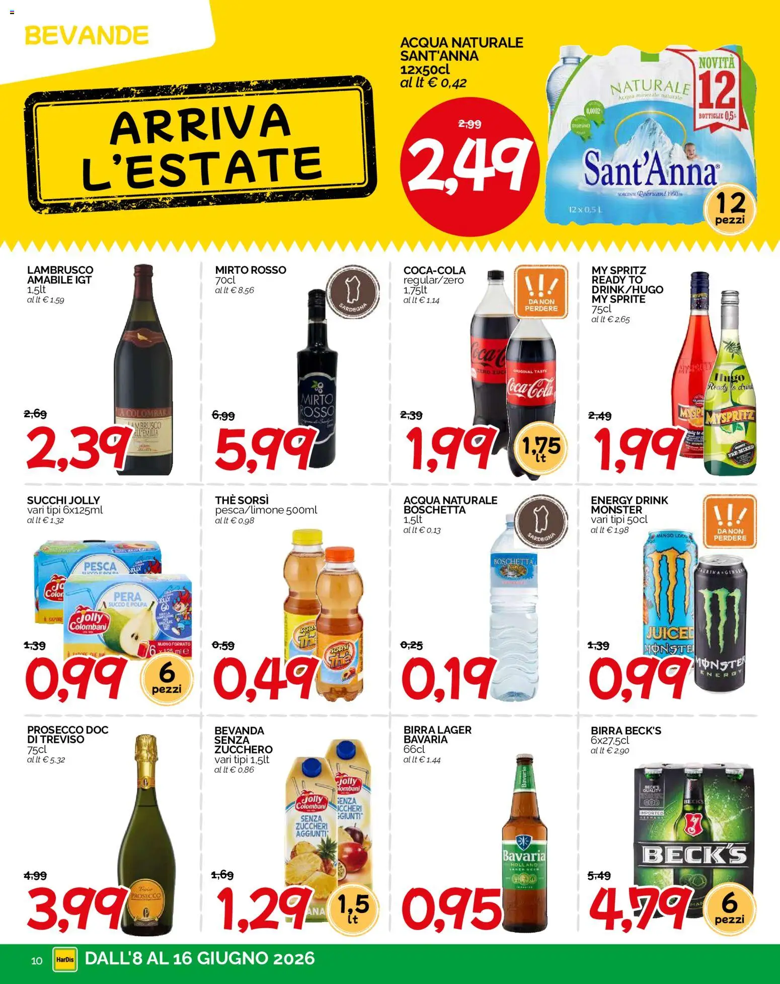 Volantino HarDis del 08.06.2026 | Pagina: 10 | Prodotti: Succo, Pesca, Acqua naturale, Acqua minerale