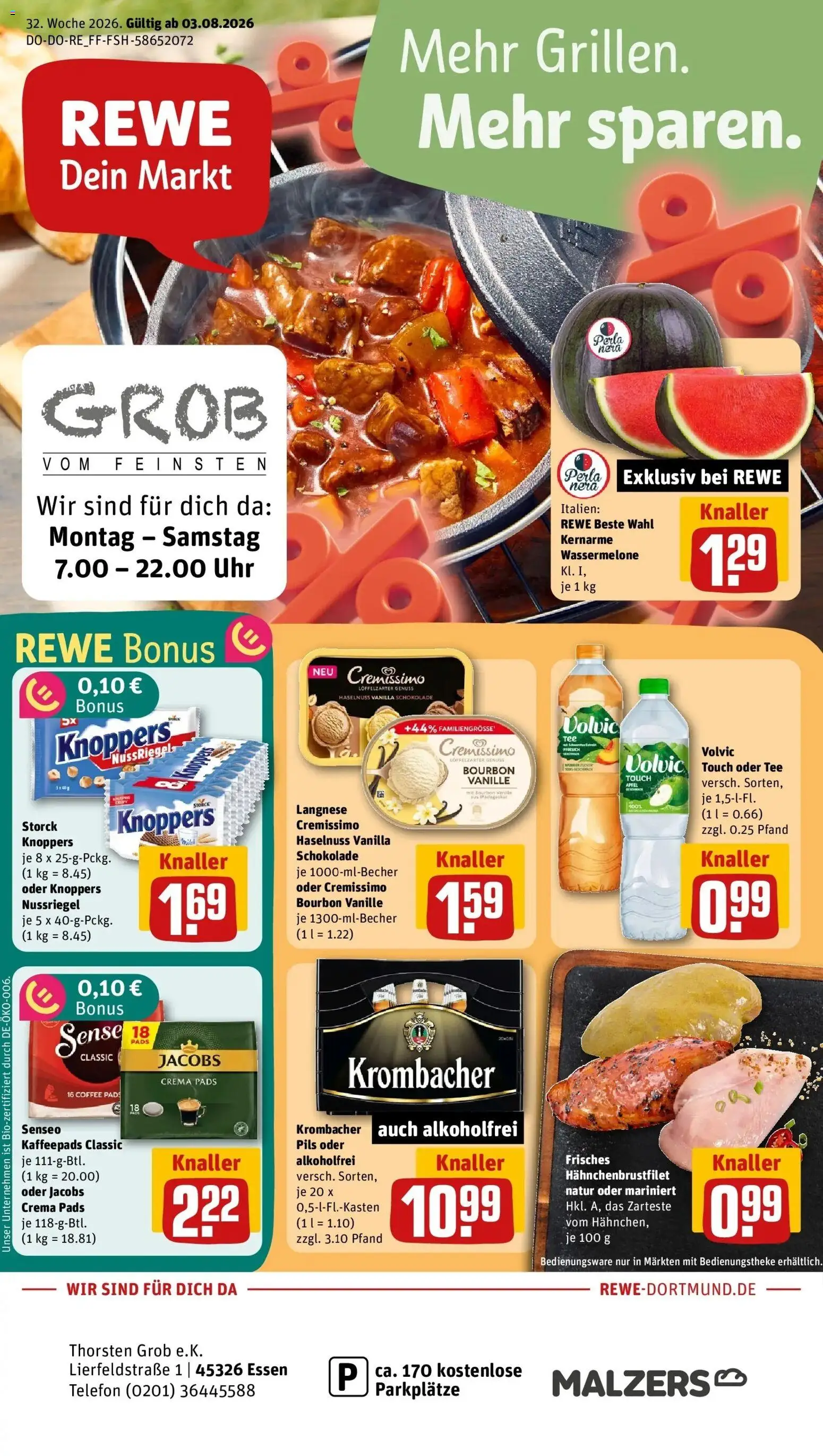 REWE Prospekt ab 03.08.2026 zum Blättern » Angebote | Seite: 1 | Produkte: Langnese, Vanille, Pfirsich, Uhr