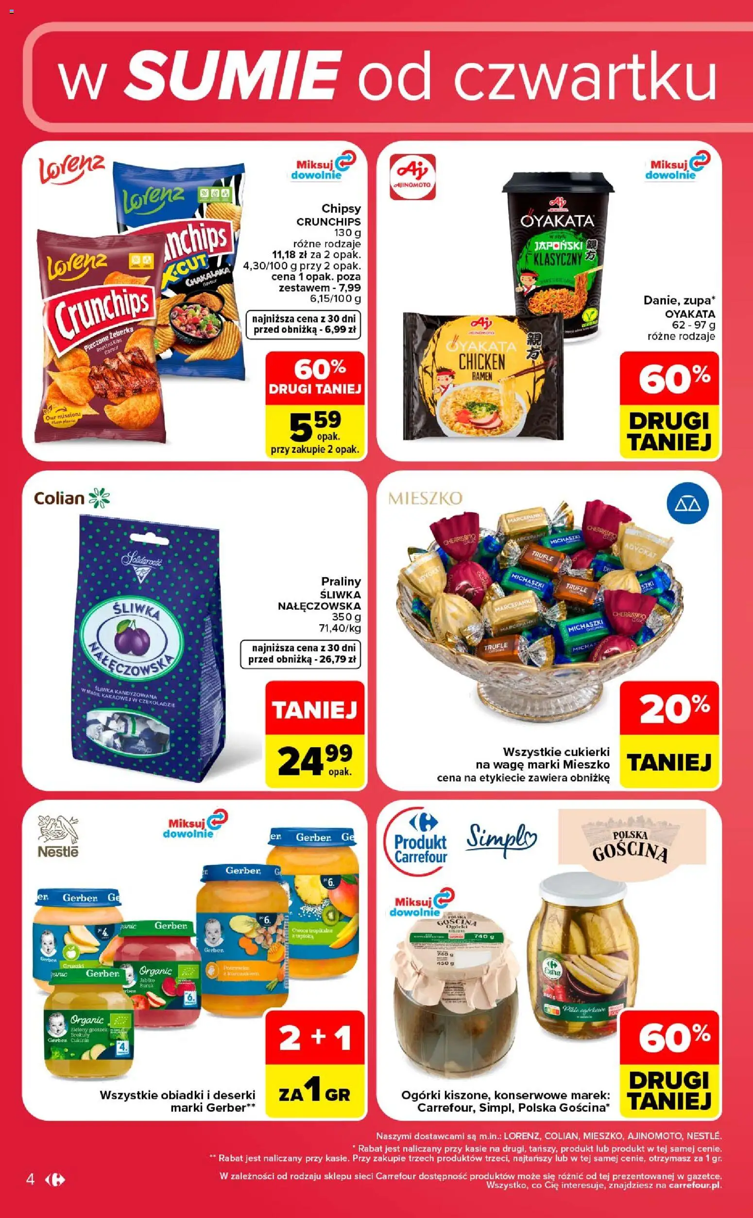 Carrefour gazetka - Weekend okazji od 27.08.2026 | Strona: 4 | Produkty: Chipsy, Śliwka nałęczowska, Praliny, Cukierki