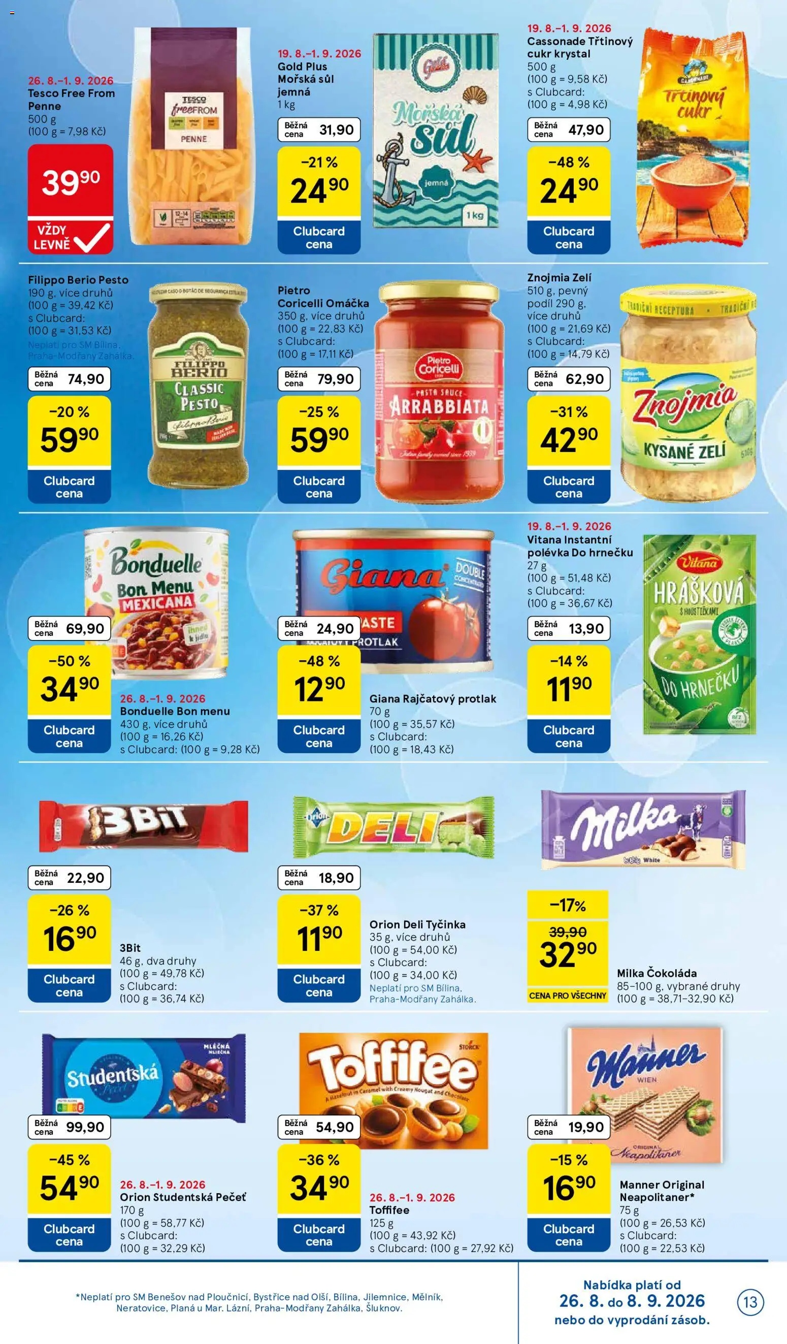 Tesco leták - Supermarket od 26.08.2026 | Strana: 13 | Produkty: Čokoláda milka, Milka, Studentská pečeť, Pesto