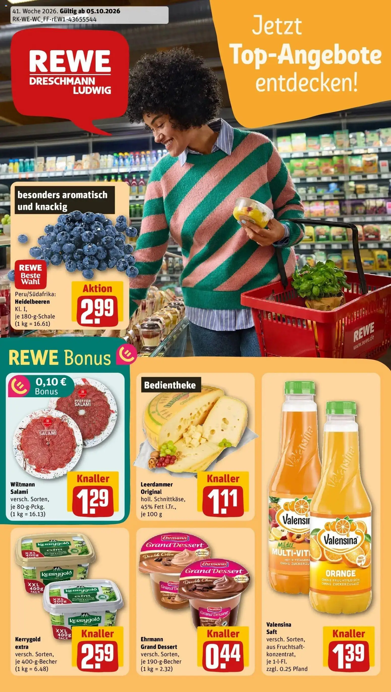 REWE Prospekt ab 05.10.2026 zum Blättern » Angebote | Seite: 1 | Produkte: Ehrmann grand dessert, Valensina, Salami, Fruchtsaft