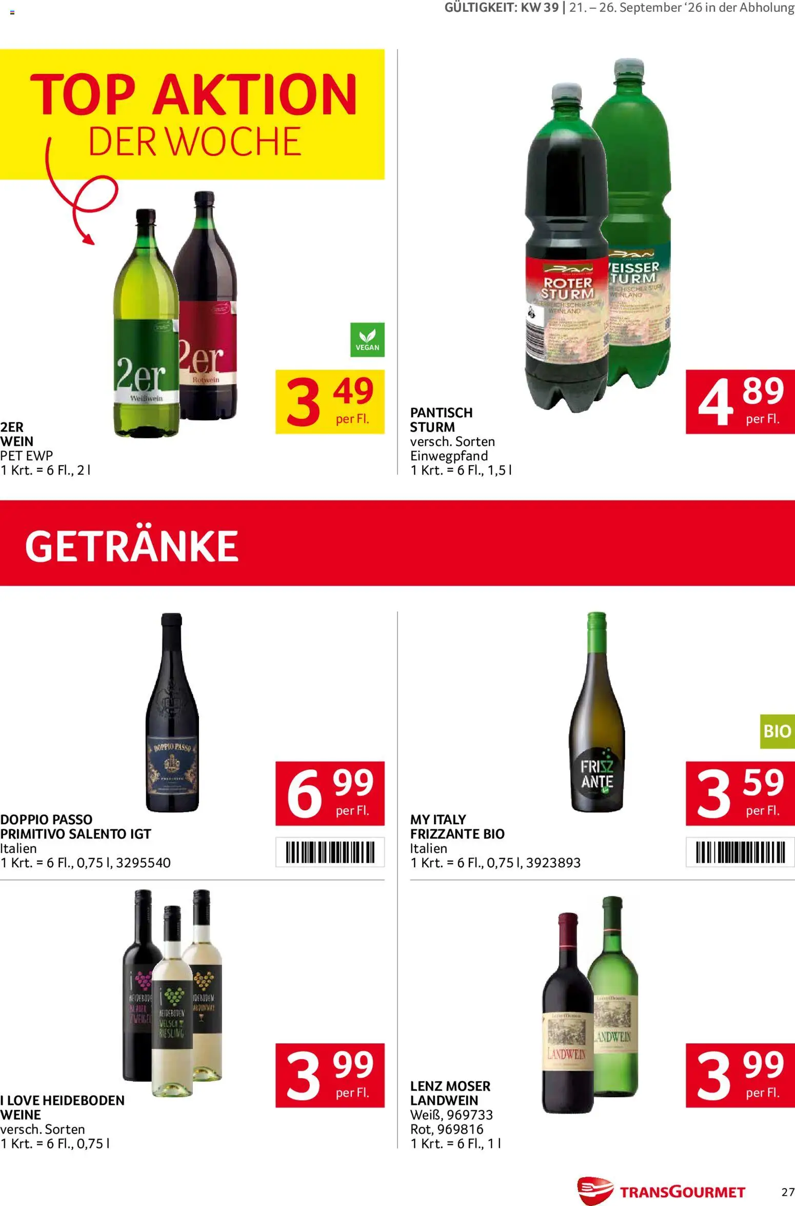 Transgourmet Flugblatt gültig ab 20.09.2026 | Seite: 25 | Produkte: Getränke, Rotwein, Weißwein, Wein