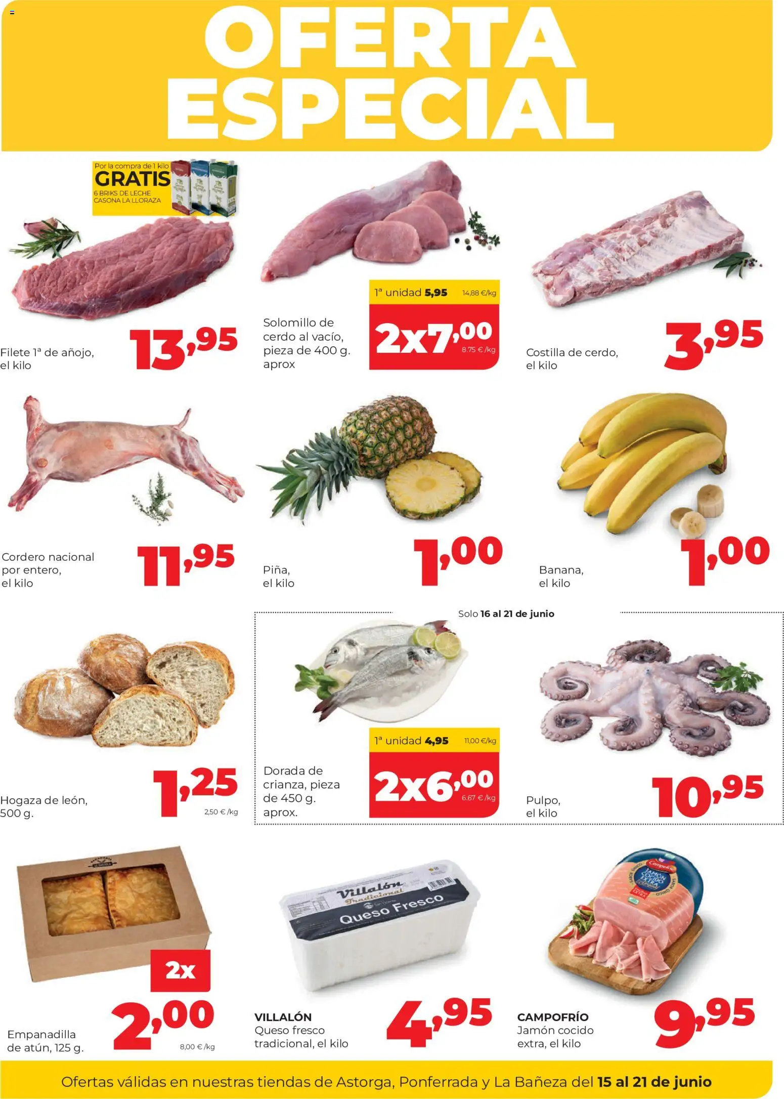 Alimerka Astorga, Ponferrada, La Bañeza │ válido desde el 15.06.2026 | Página: 1 | Productos: Leche, Cerdo, Φίλτρο καφέ, Filete