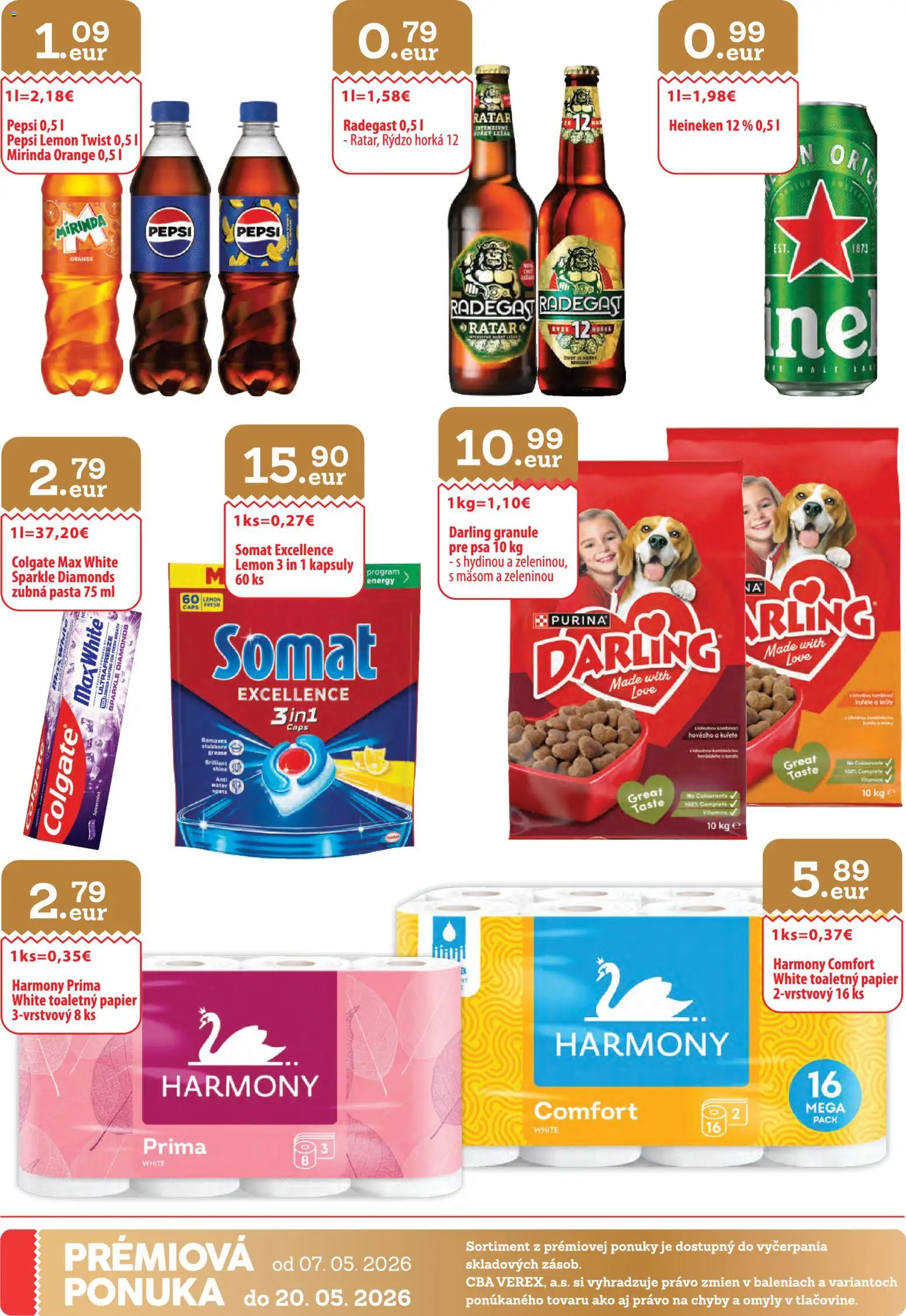 Nové CBA Verex akcie – leták je platný od 07.05.2026 | Strana: 32 | Produkty: Darling granule, Radegast, Zubná pasta, Pepsi