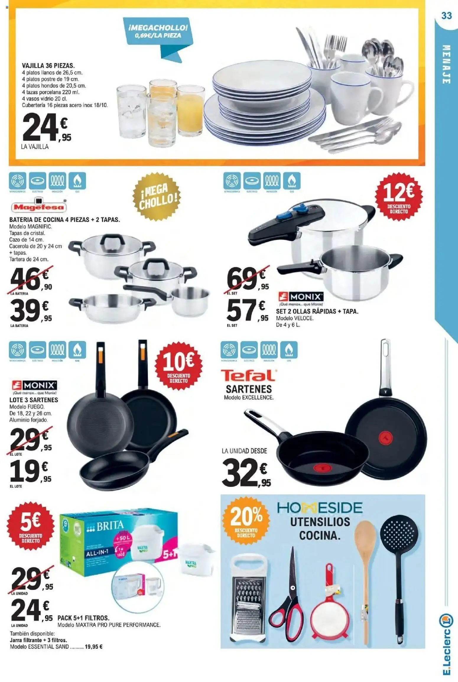 E.Leclerc Megames 1 │ válido desde el 23/09/2026 | Página: 33 | Productos: Puré, Postre, Vasos, Cocina