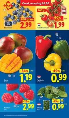 Spinazie, Fresh spinach leaves, some in a clear plastic bag. - Voorbeeld van een folder van Lidl, geldig van 08.06.2026 | Pagina: 7 | Producten: Spinazie, Zak, Mango, Frambozen
