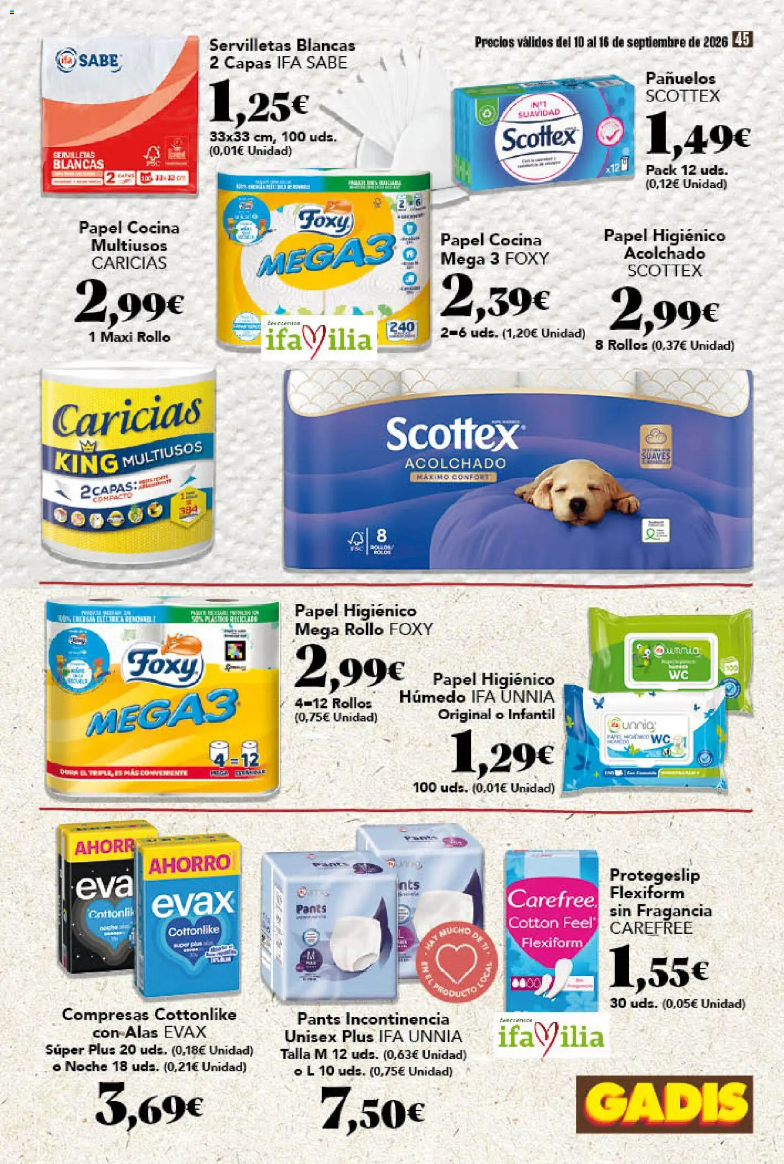 Gadis folleto │ válido desde el 10/09/2026 | Página: 45 | Productos: Fragancia, Papel higienico, Cocina, Compresas