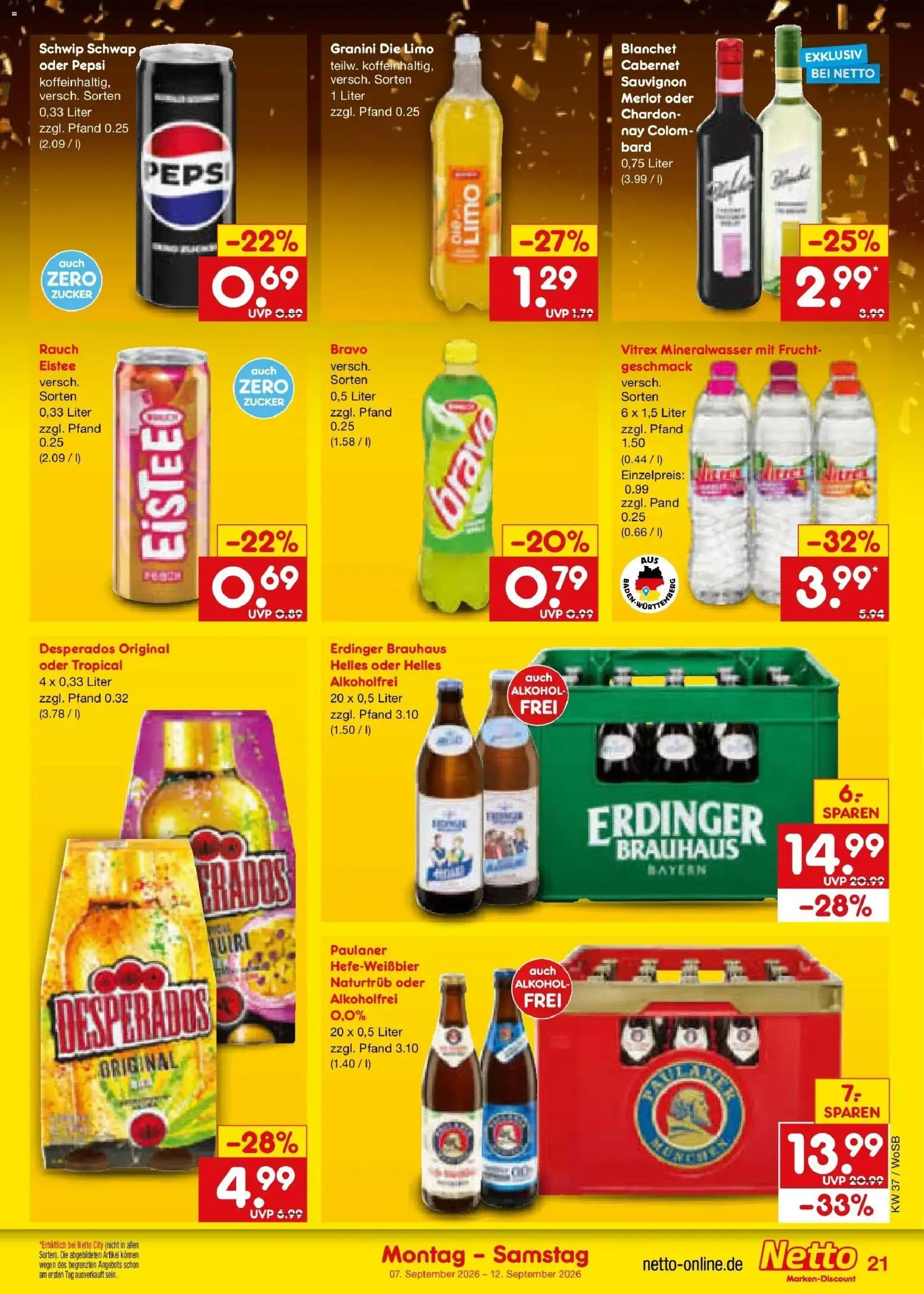 Netto Marken-Discount Prospekt Ludwigshafen-Edigheim – gültig ab 07.09.2026 | Seite: 29 | Produkte: Alkohol, Zucker, Pepsi, Granini die limo