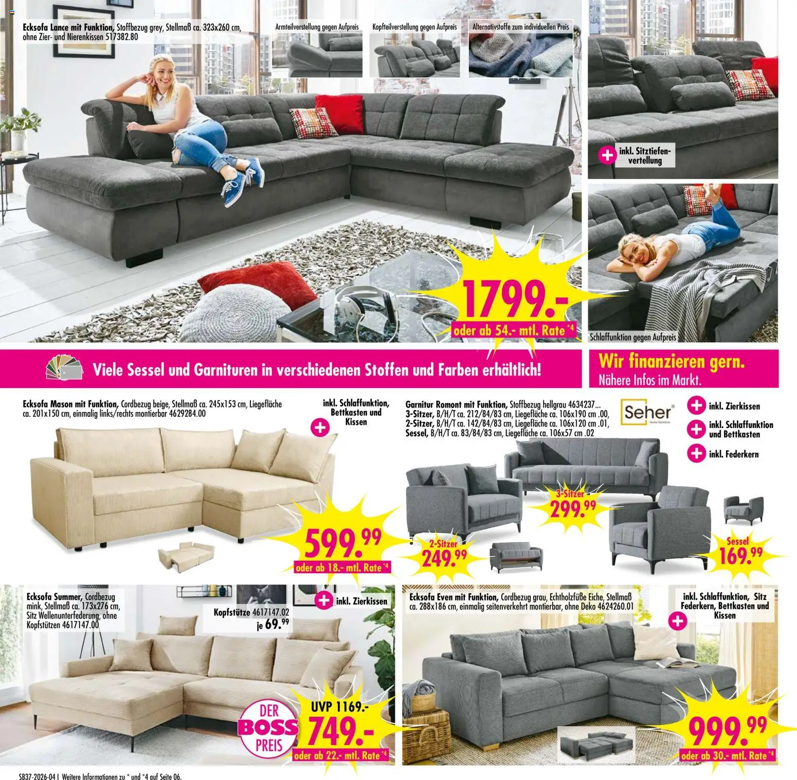 SB Möbel Boss Prospekt – gültig ab 05.09.2026 | Seite: 4 | Produkte: Ecksofa, Kissen, Sessel