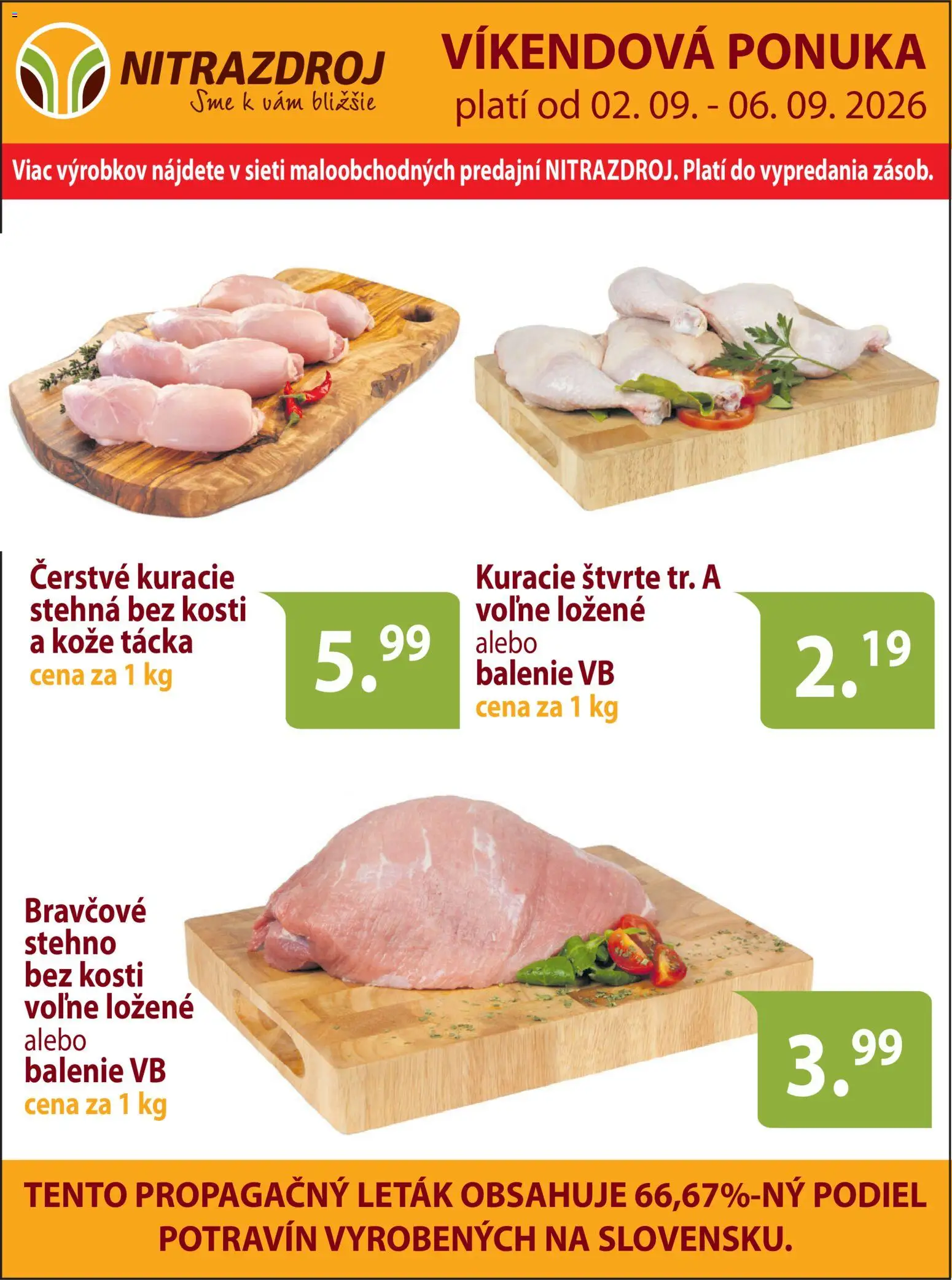 Nové Nitrazdroj akcie – leták je platný od 02.09.2026 | Strana: 1 | Produkty: Bravčové stehno, Kuracie stehná, Kuracie štvrte, Stehná