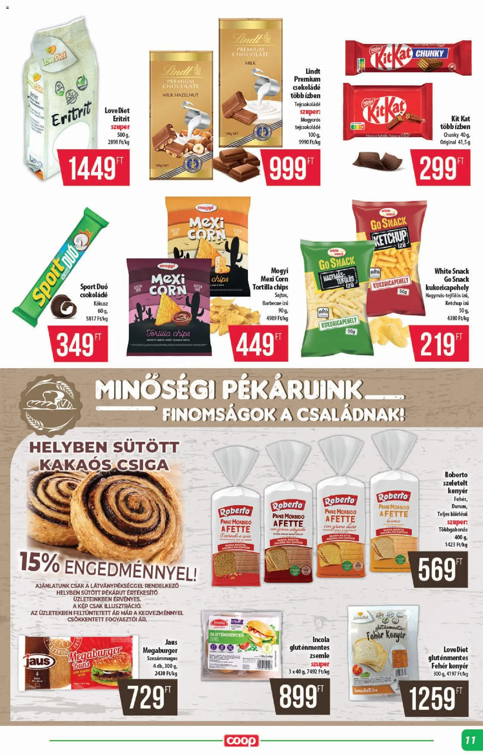 COOP akciós ujság - amely érvényes a következő dátumtól: 2026.10.15. | Oldal: 11 | Termékek: Lindt, Kenyér, Csokoládé, Eritrit