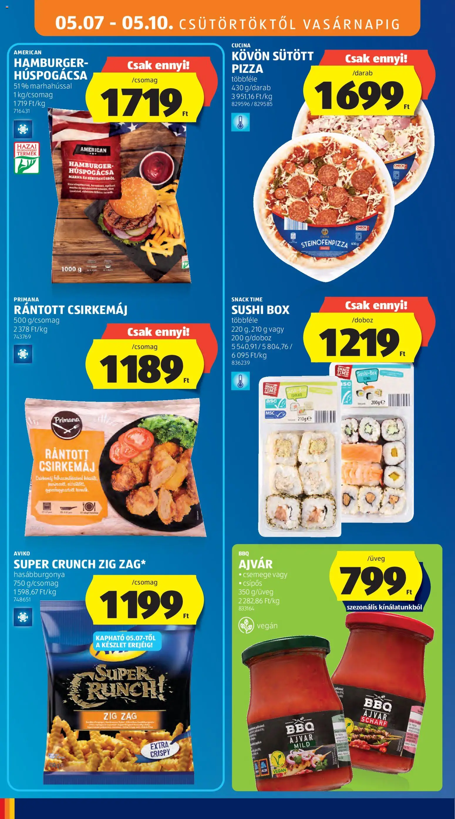 Aldi akciós ujság - amely érvényes a következő dátumtól: 07.05.2026 | Oldal: 12 | Termékek: Ajvár, Sushi, Csirkemáj, Hasábburgonya