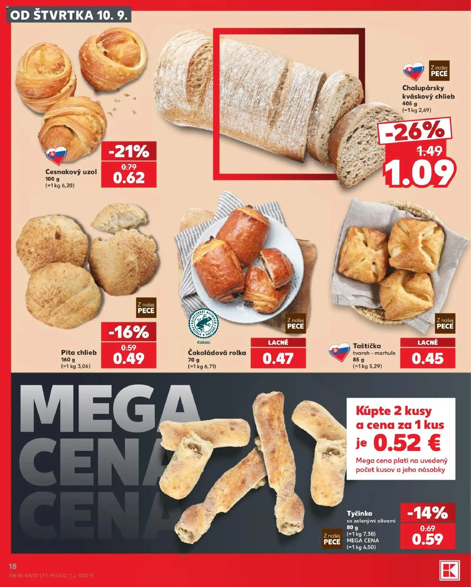 Nové Kaufland akcie – leták je platný od 10.09.2026 | Strana: 18 | Produkty: Chlieb, Pita chlieb, Tvaroh, Kakao