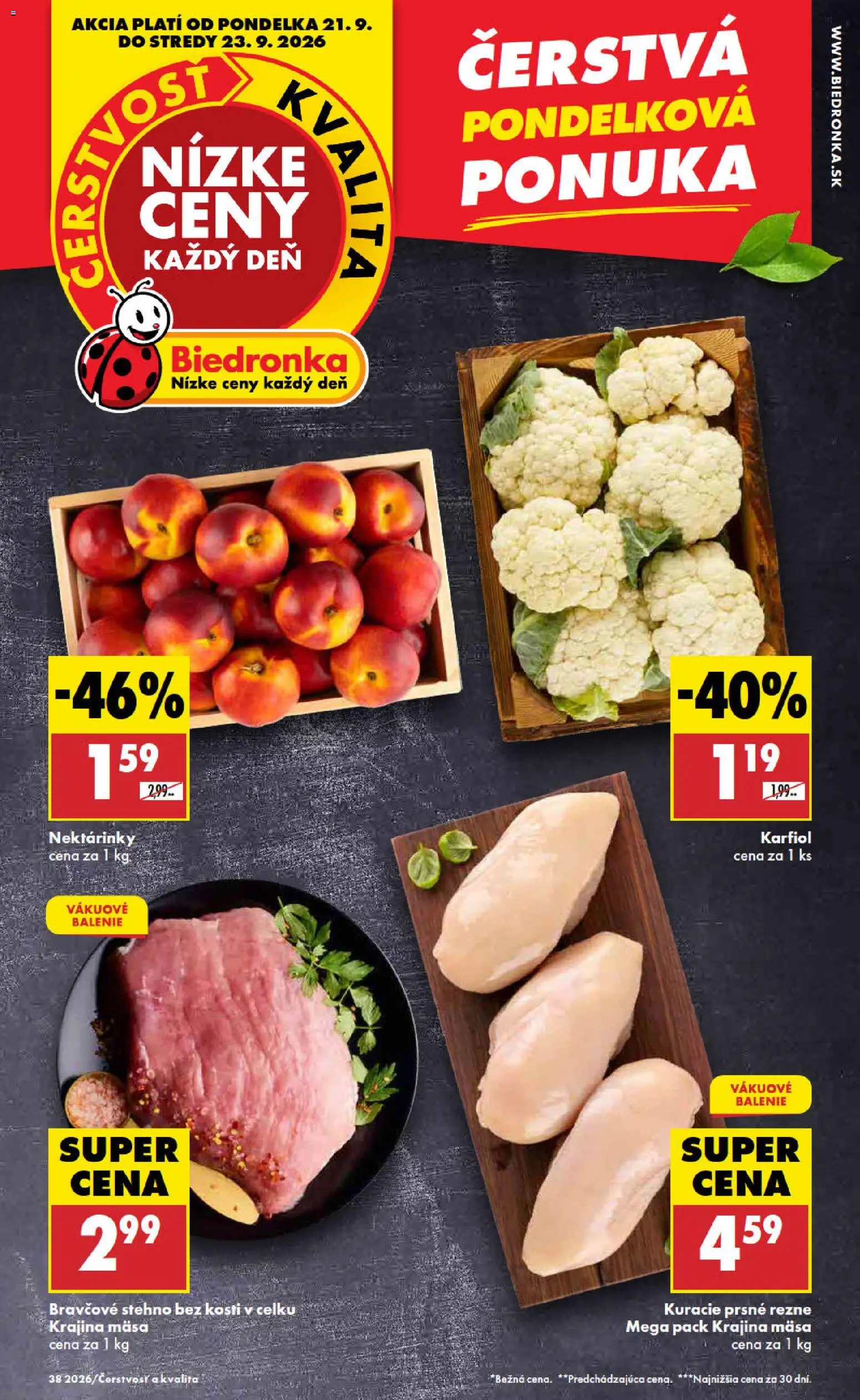 Nové Biedronka akcie – leták je platný od 21.09.2026 | Strana: 1 | Produkty: Karfiol, Bravčové stehno, Kuracie prsné rezne, Rezne
