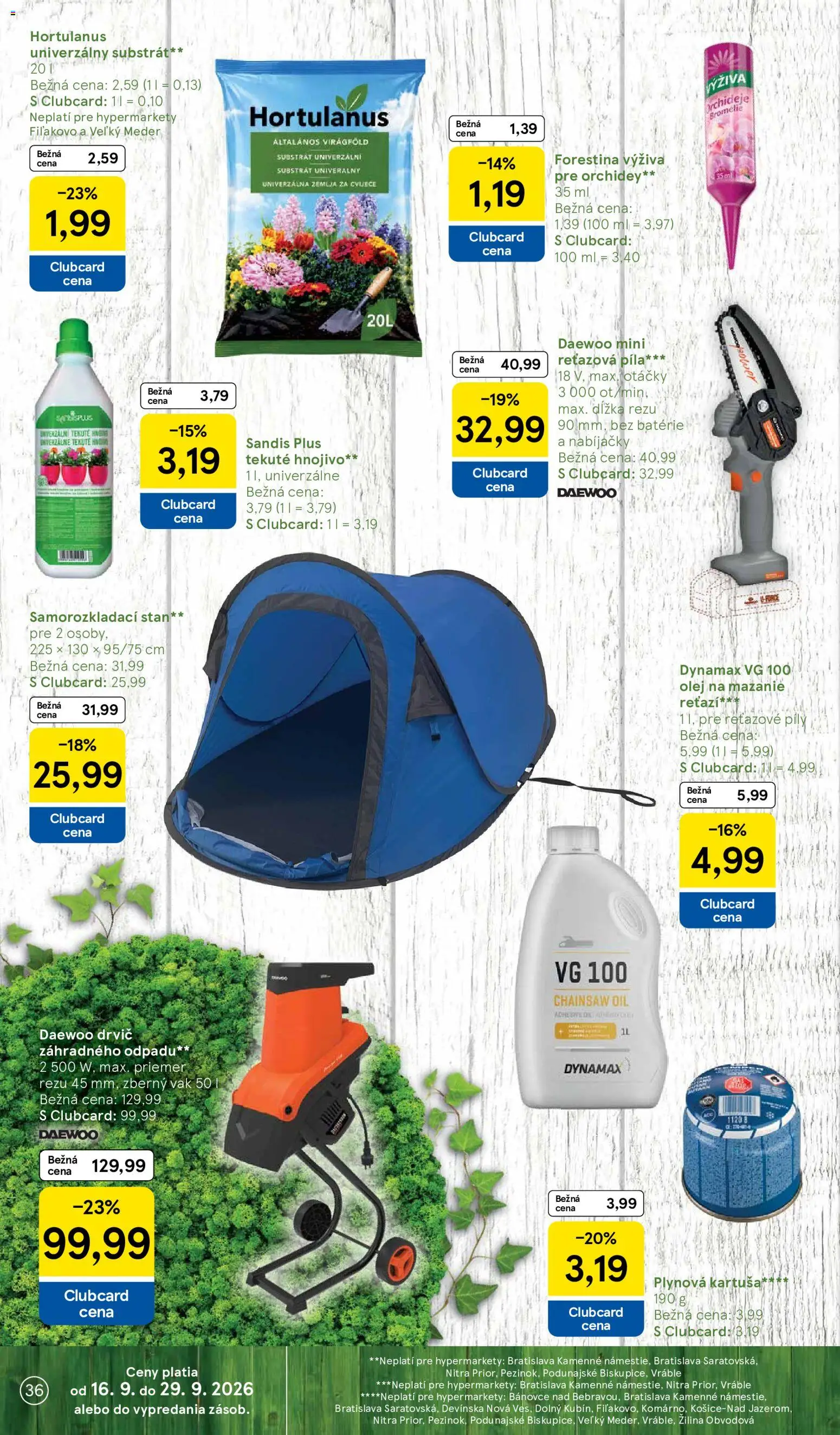Nové Tesco akcie – leták je platný od 16.09.2026 | Strana: 36 | Produkty: Reťazová píla, Píla, Drvič, Olej