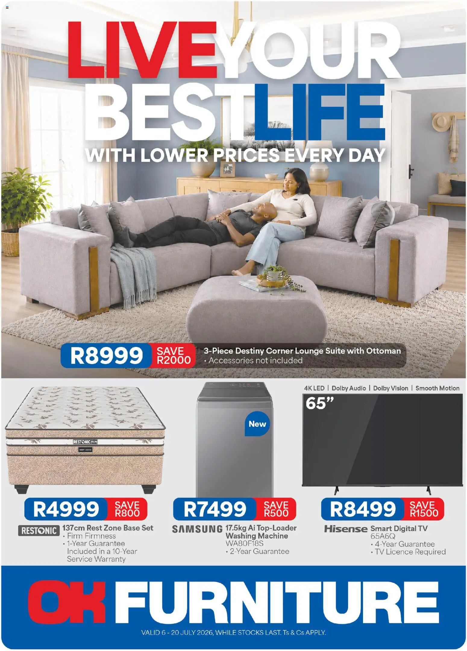 New OK Furniture catalogue – valid from 06/07/2026 | Page: 1 | Products: Audio, Washing machine, TV, Lounge suite