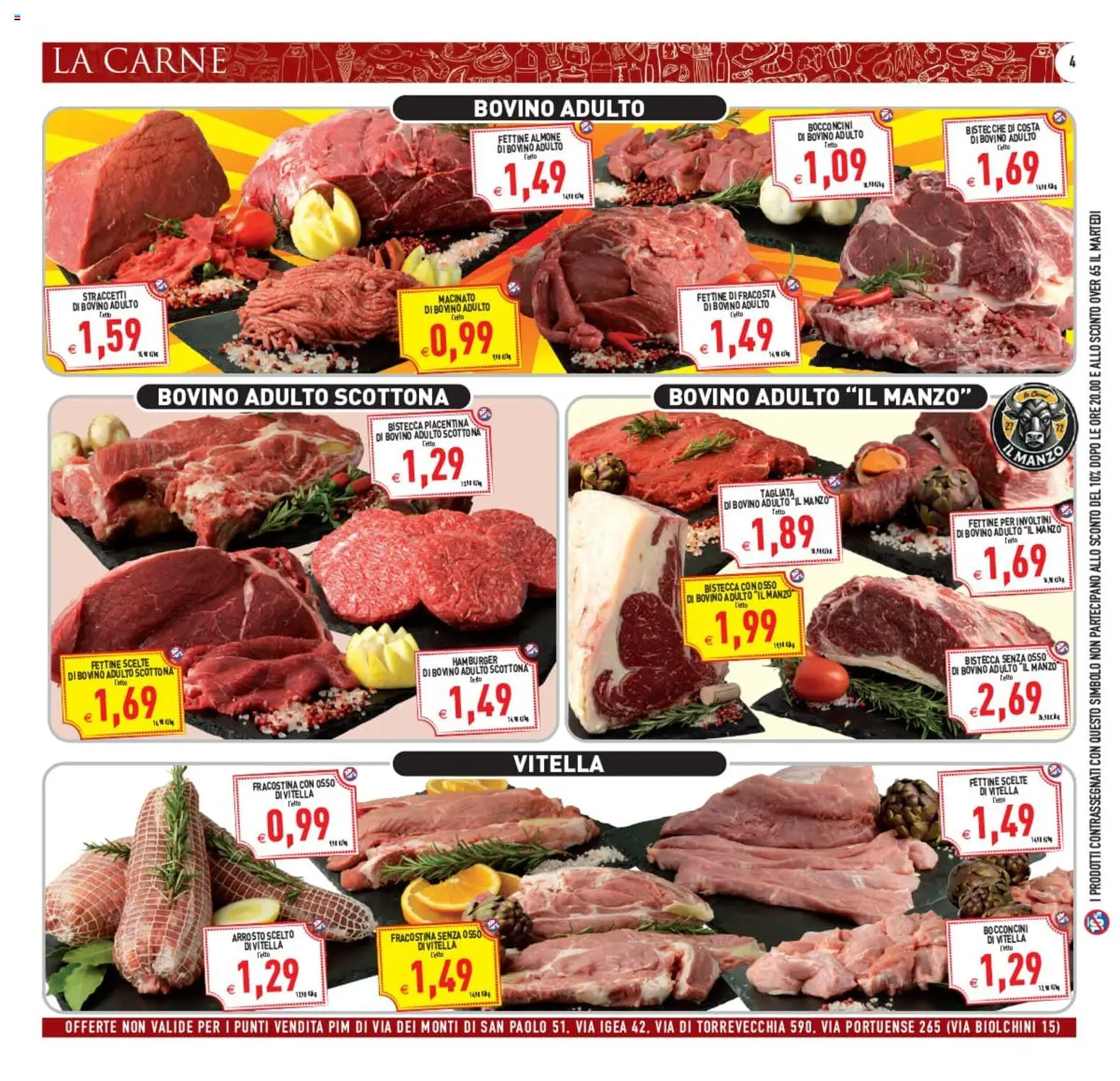 Volantino PIM Supermercati del 10.06.2026 | Pagina: 4 | Prodotti: Bovino, Arrosto, Hamburger, Macinato