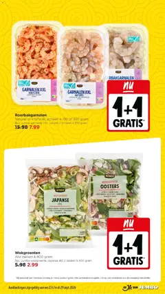 GARNALEN XXL KRIJGEN NU 1+1 GRATIS, Roerbakgarnalen Naturel of knoflook, schalen à 190 of 350 gram - Voorbeeld van een folder van Jumbo, geldig van 23-09-2026 | Pagina: 16