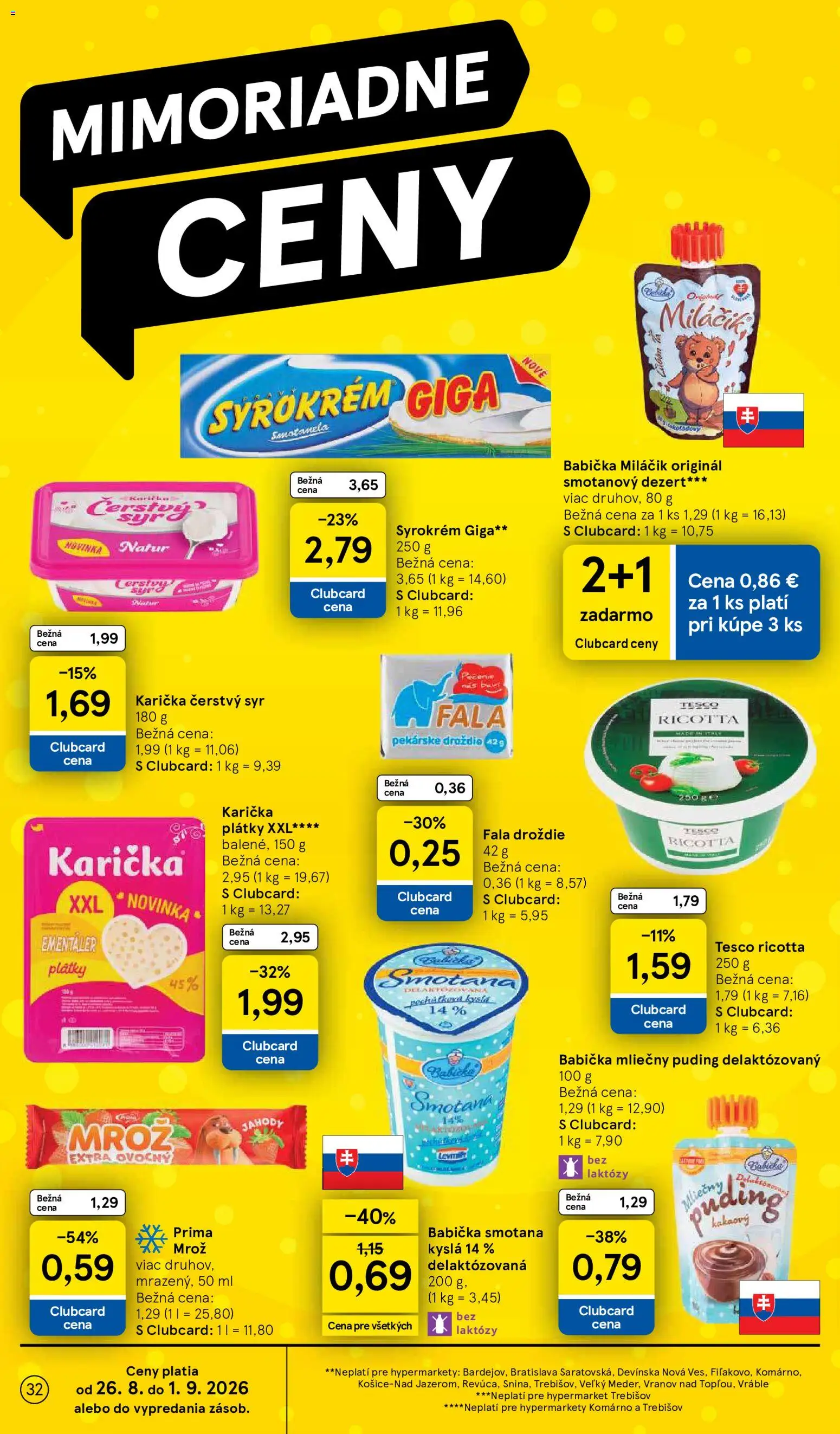 Nové Tesco akcie – leták je platný od 26.08.2026 | Strana: 32 | Produkty: Syr, Smotana, Jahody, Droždie