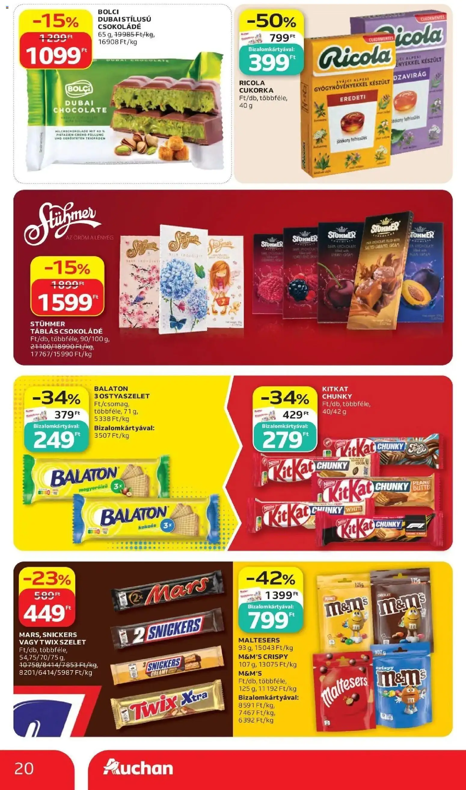 Auchan akciós ujság - amely érvényes a következő dátumtól: 28.05.2026 | Oldal: 20 | Termékek: Ostyaszelet, Snickers, Csokoládé, Cukorka