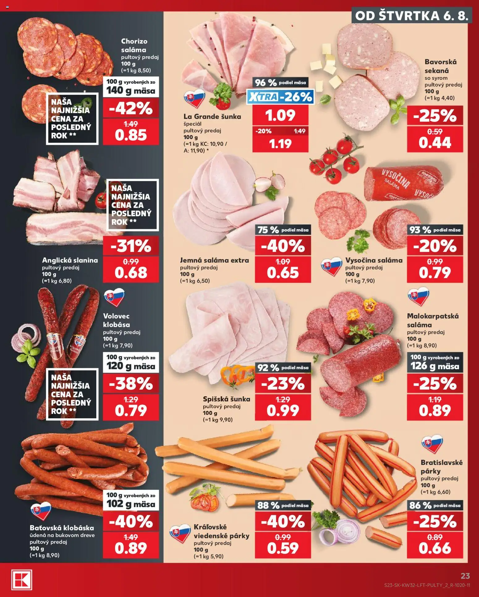 Nové Kaufland akcie – leták je platný od 06.08.2026 | Strana: 23 | Produkty: Saláma, Šunka, Klobása, Párky
