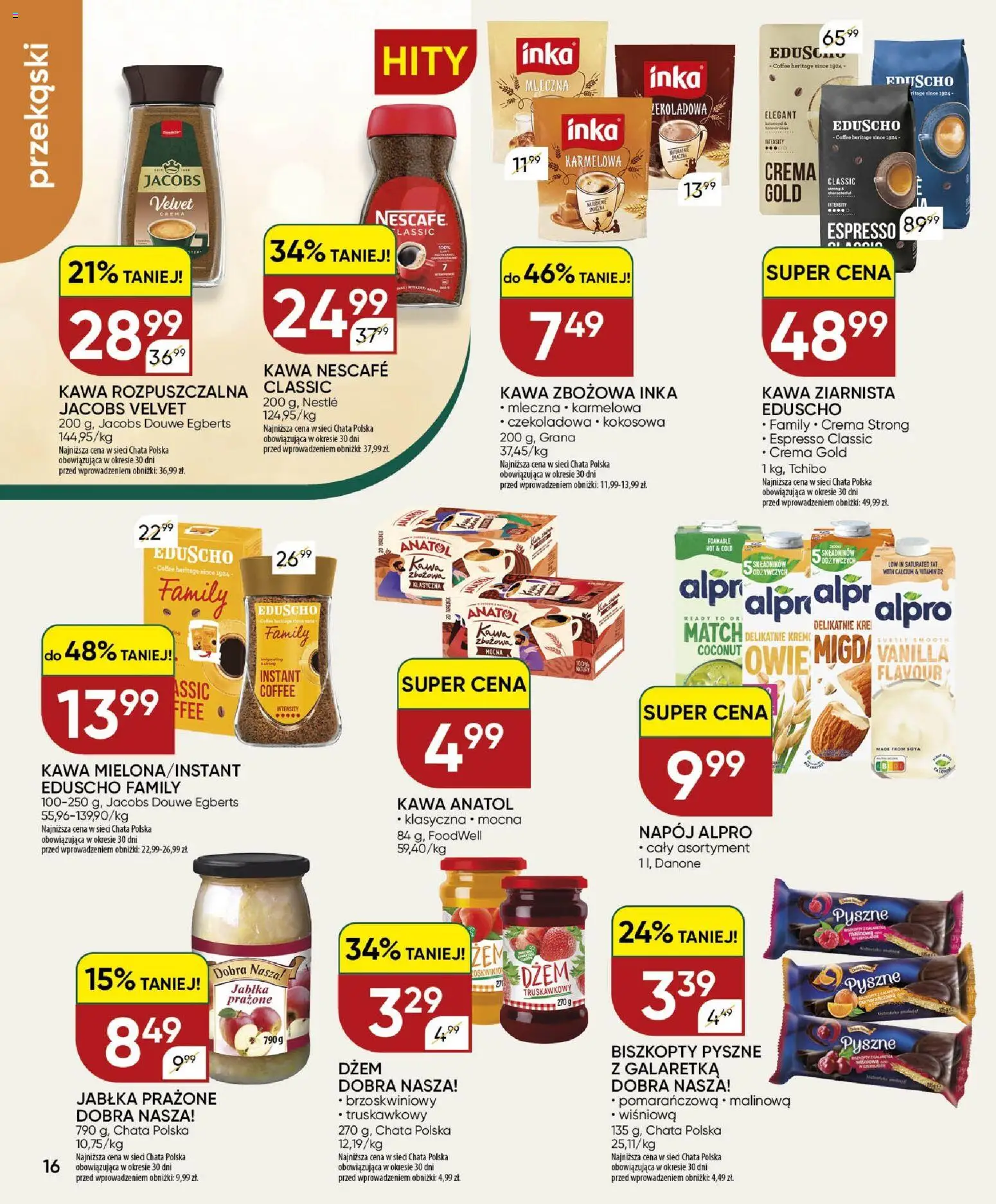 Chata Polska gazetka od 13.08.2026 | Strona: 15 | Produkty: Galaretka, Alpro, Przekąski, Kawa ziarnista