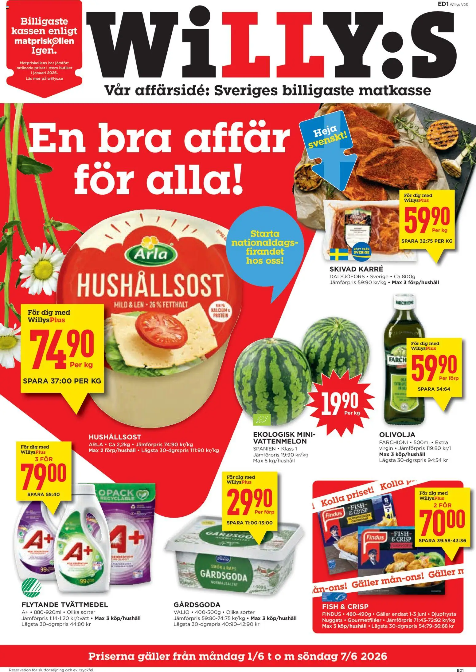 Willys reklamblad aktuell från 01.06.2026 | Sida: 1 | Produkter: Galler, Vattenmelon, Olivolja, Smör