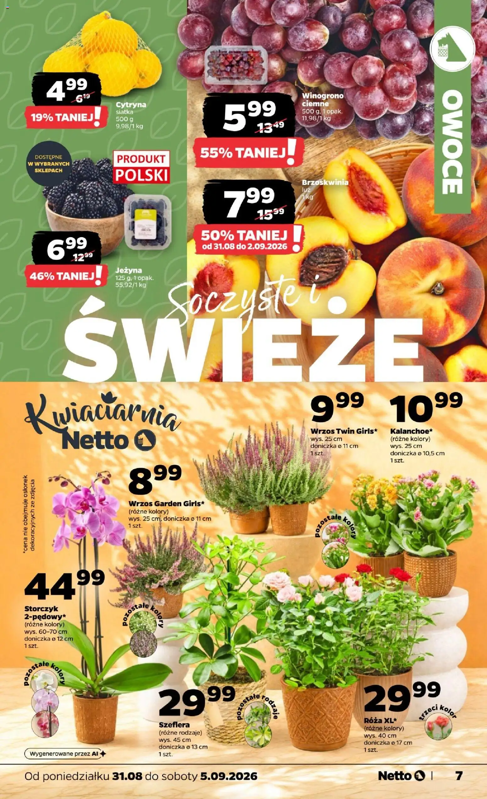 Netto gazetka od poniedziałku od 31.08.2026 | Strona: 7 | Produkty: Brzoskwinia, Siatka, Doniczka, Kalanchoe