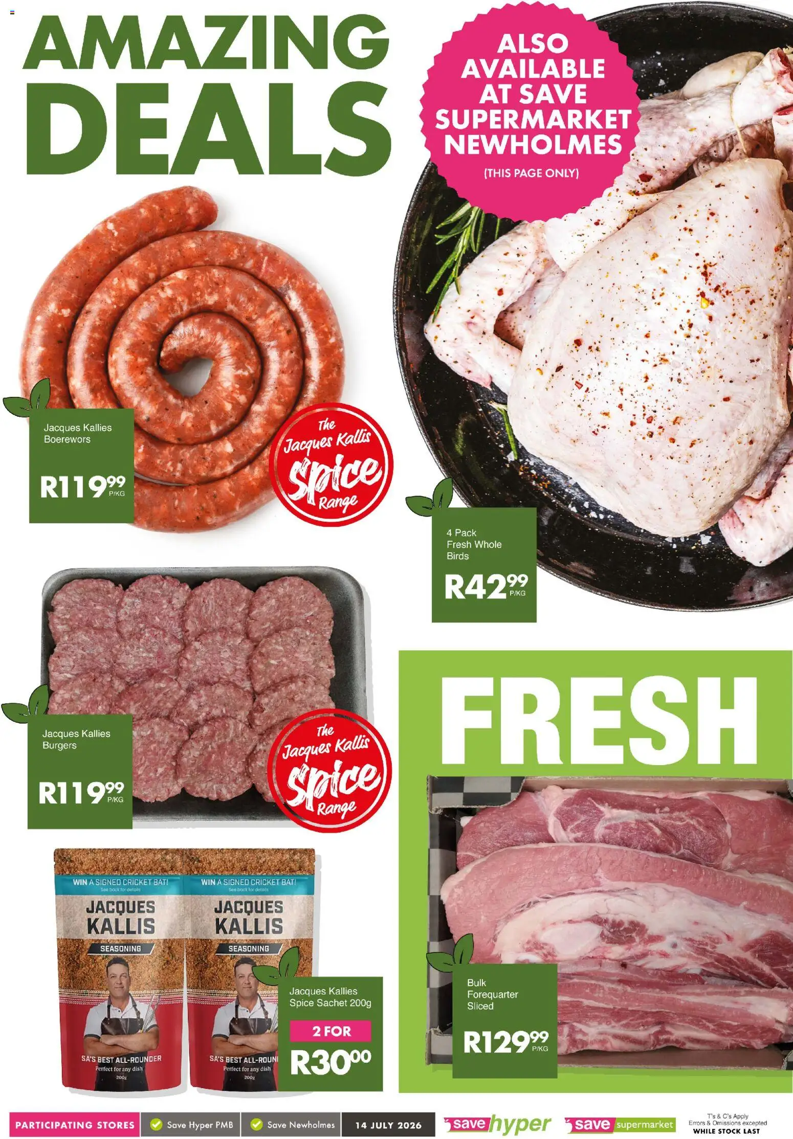 New Save catalogue – valid from 14/07/2026 | Page: 8 | Products: Boerewors, Burgers, Seasoning, Stock