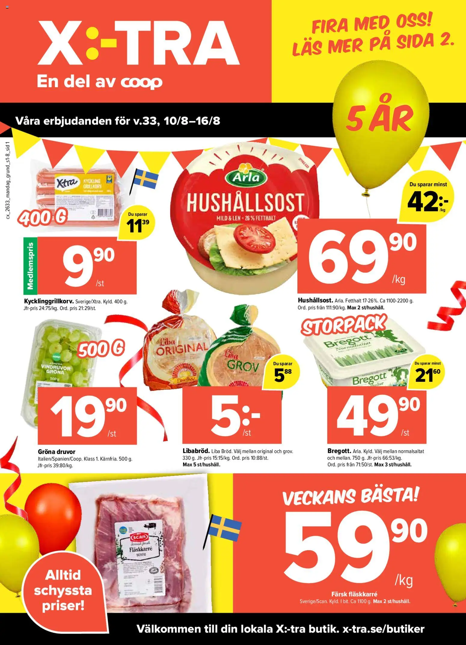 Coop X:-TRA reklamblad aktuell från 10/08/2026 | Sida: 1 | Produkter: Vindruvor, Bregott, Fläskkarré, Kyckling