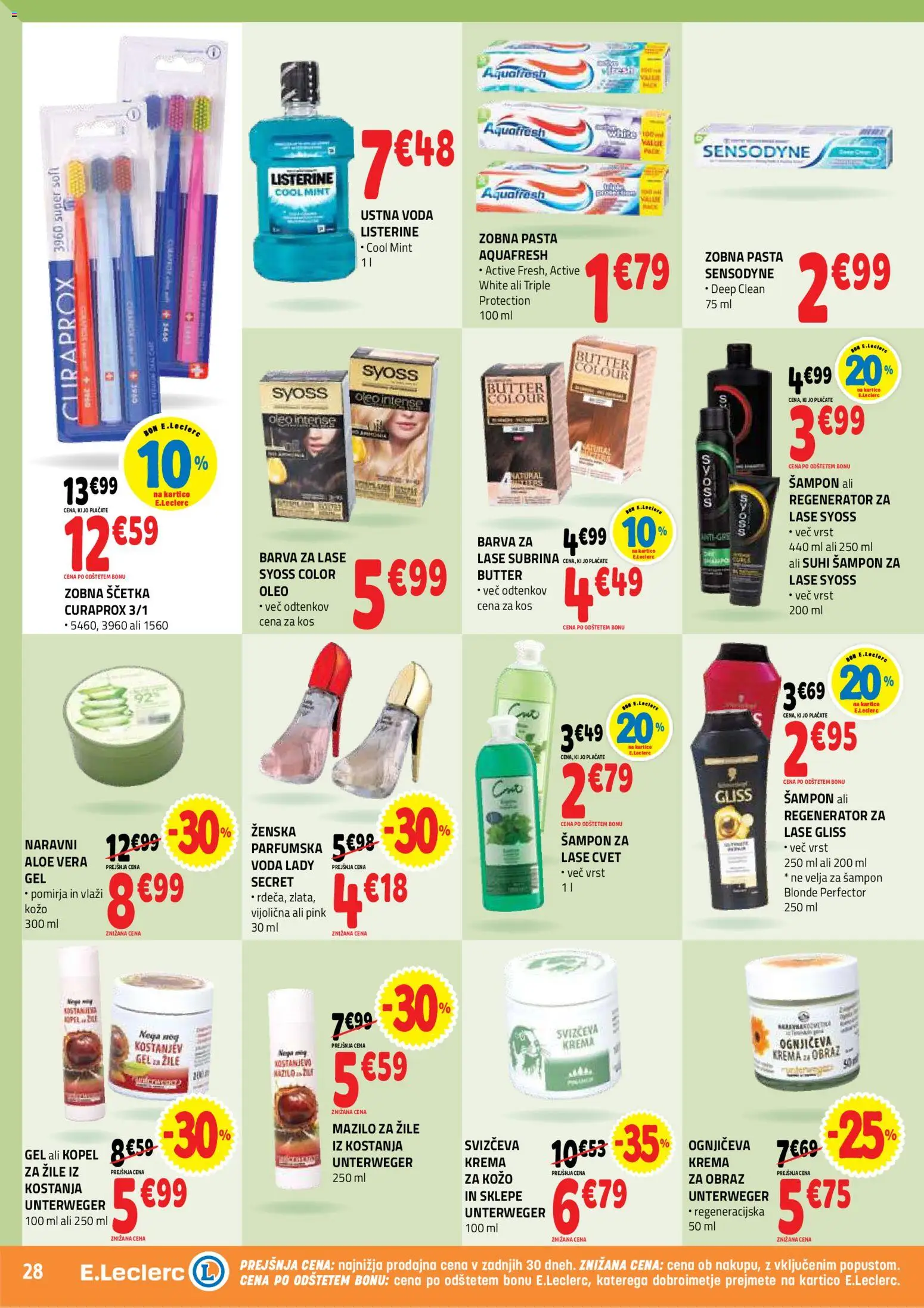 Novi E.leclerc katalog ponudbe – veljaven od 26.08.2026 | Stran: 28 | Izdelki: Aloe Vera, Barva za lase, Zobna pasta, Voda
