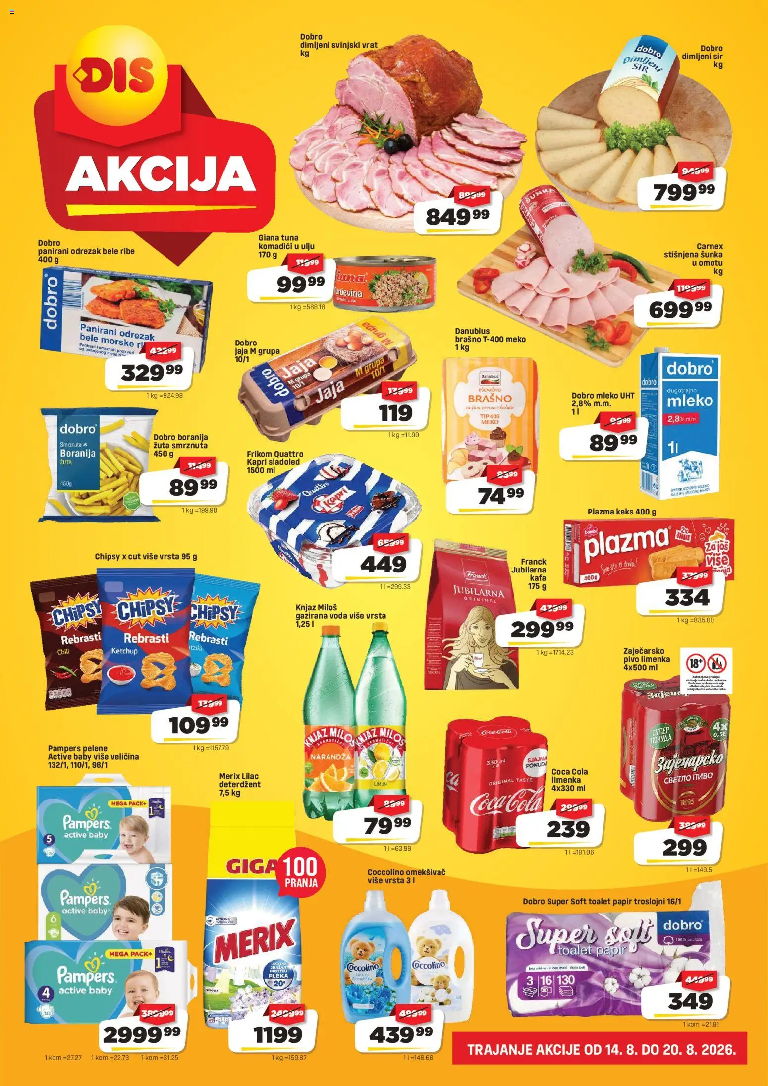 DIS katalog - važi od 14.08.2026 | Strana: 2 | Proizvode: Coca Cola, Mleko, Dimljeni sir, Pelene
