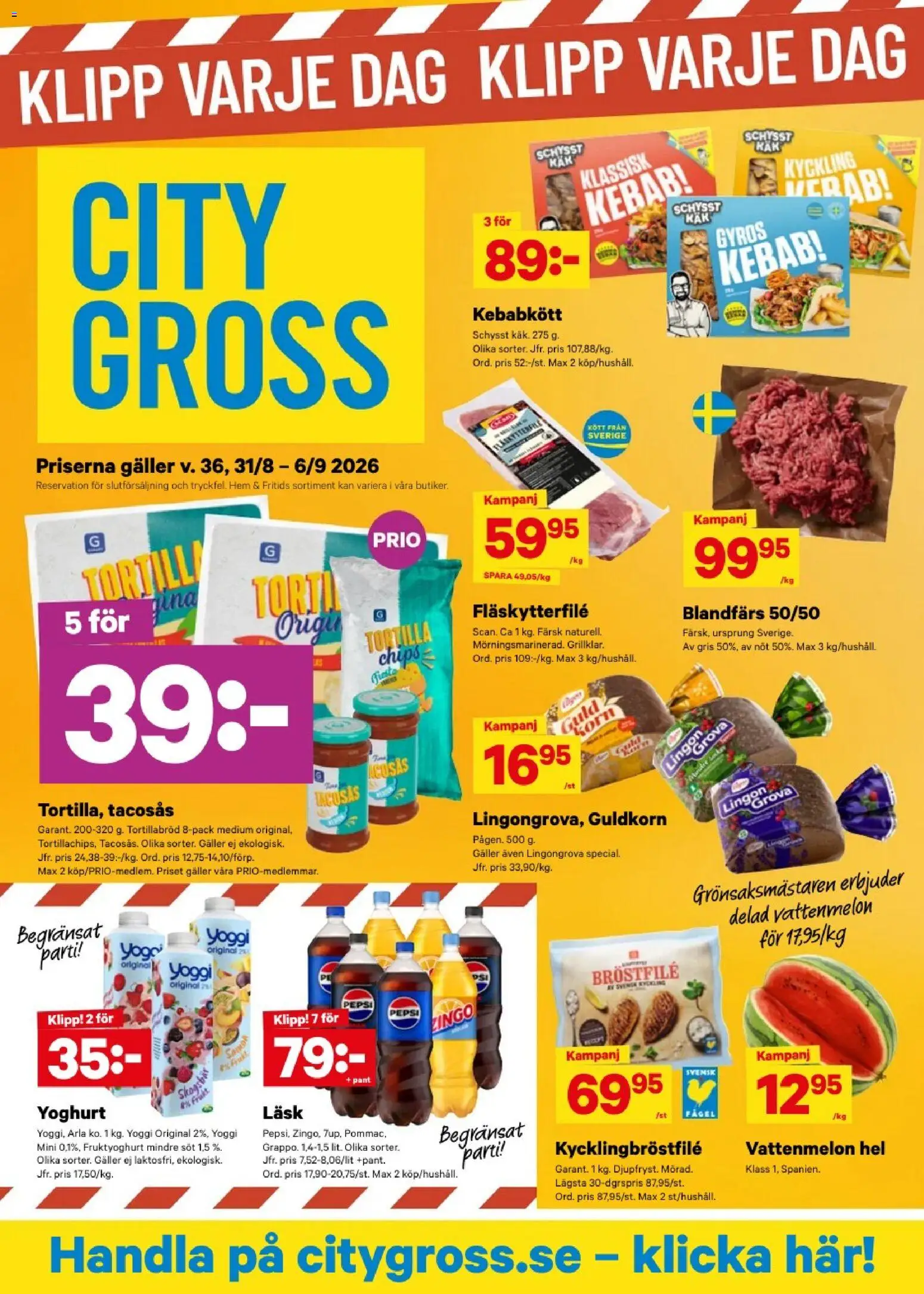 City Gross reklamblad aktuell från 29/08/2026 | Sida: 1 | Produkter: Lingongrova, Pepsi, Blandfärs, Yoggi