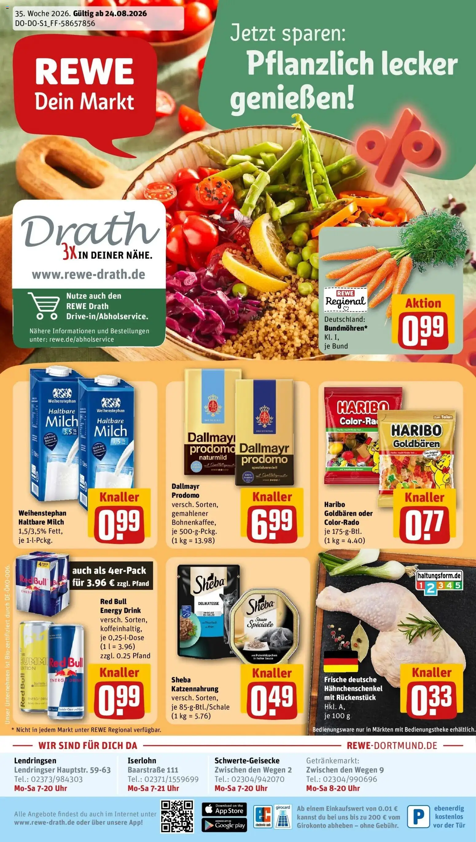 REWE Prospekt ab 24.08.2026 zum Blättern » Angebote | Seite: 1 | Produkte: Red bull, Hahnchenschenkel, Energy, Uhr