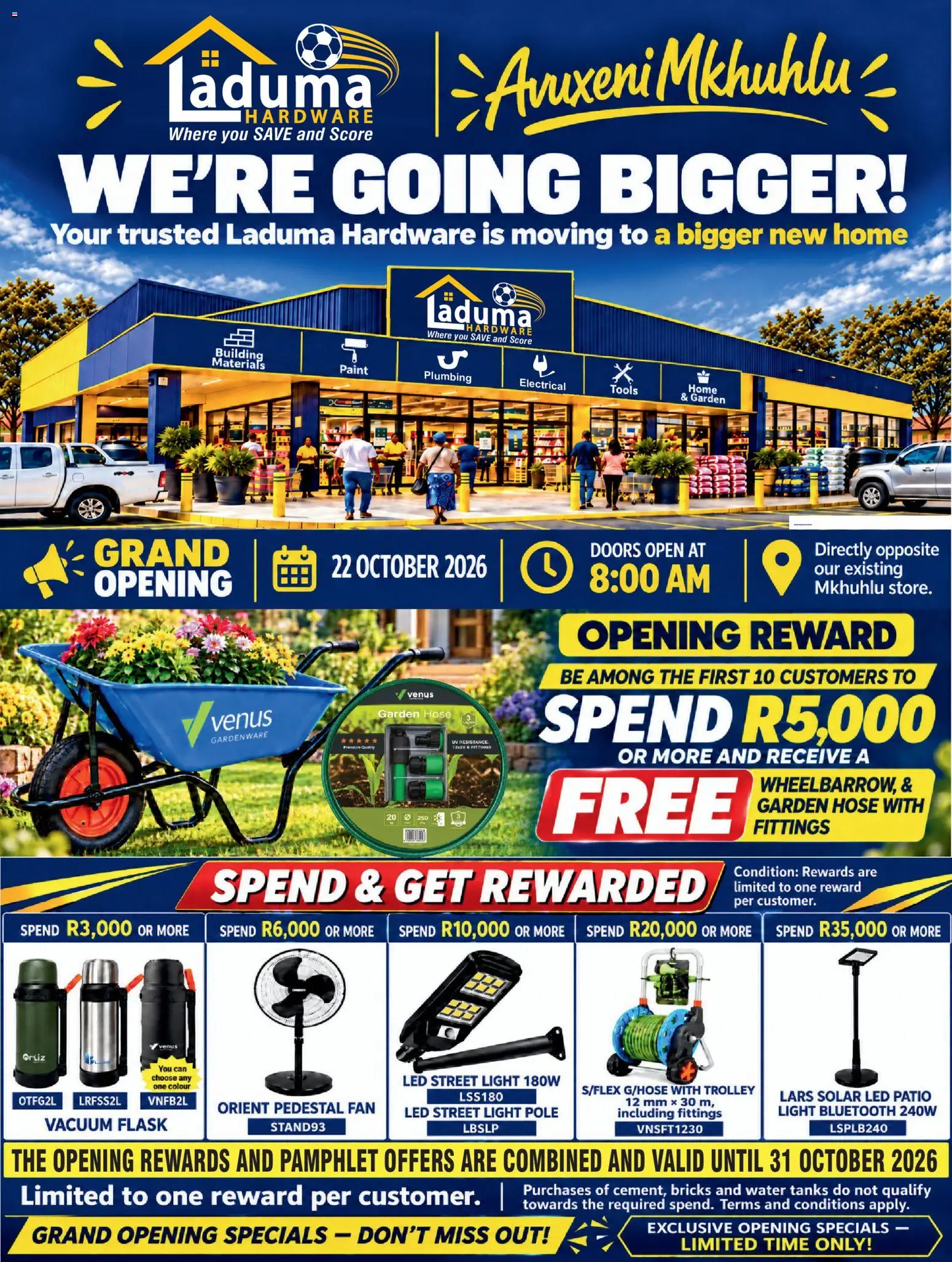 New Laduma Hardware catalogue – valid from 22/10/2026 | Page: 1 | Products: Pedestal, Fan, Paint, Garden hose