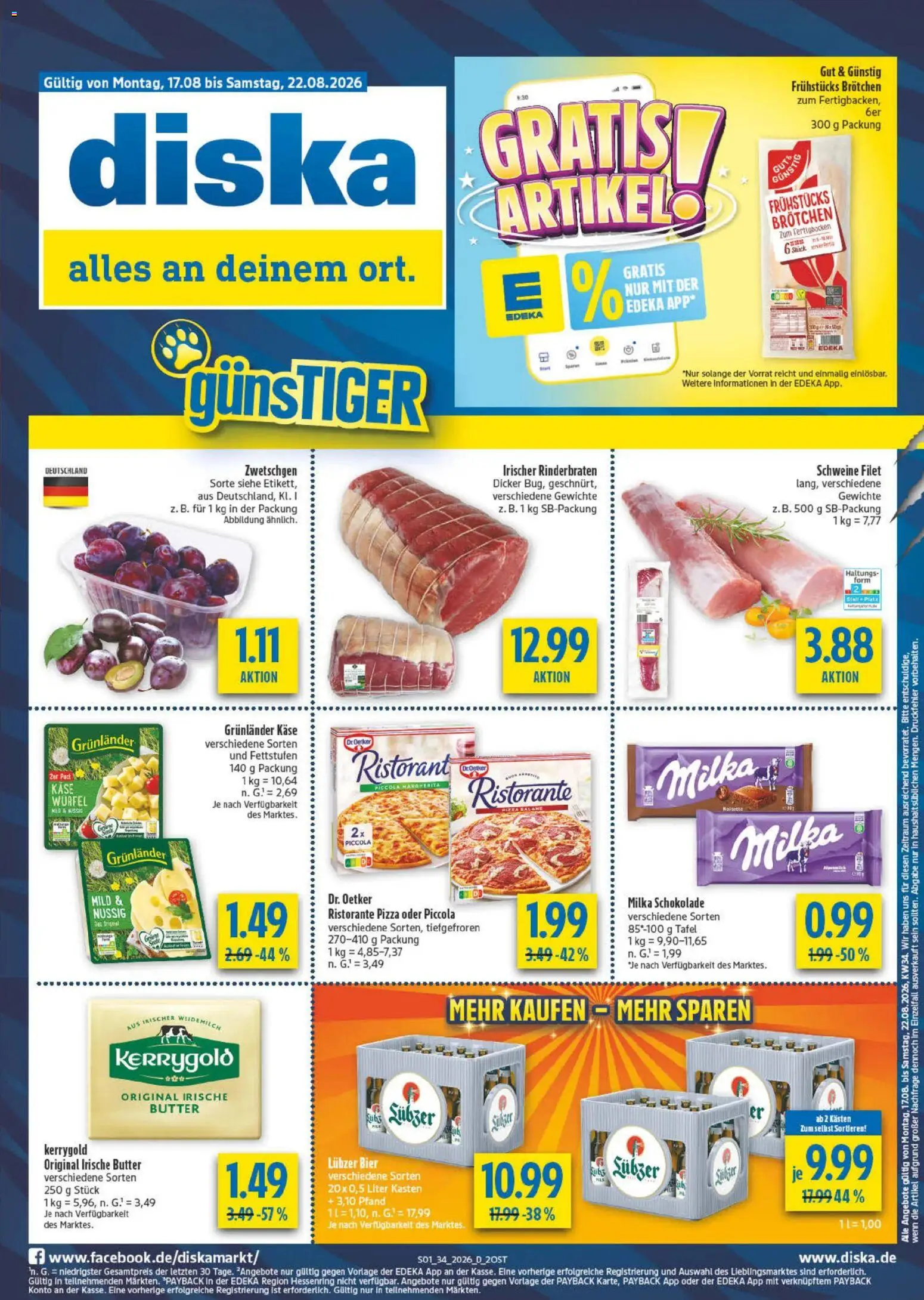 Diska Prospekt – gültig ab 17.08.2026 | Seite: 1 | Produkte: Käse, Schokolade, Milka schokolade, Pizza