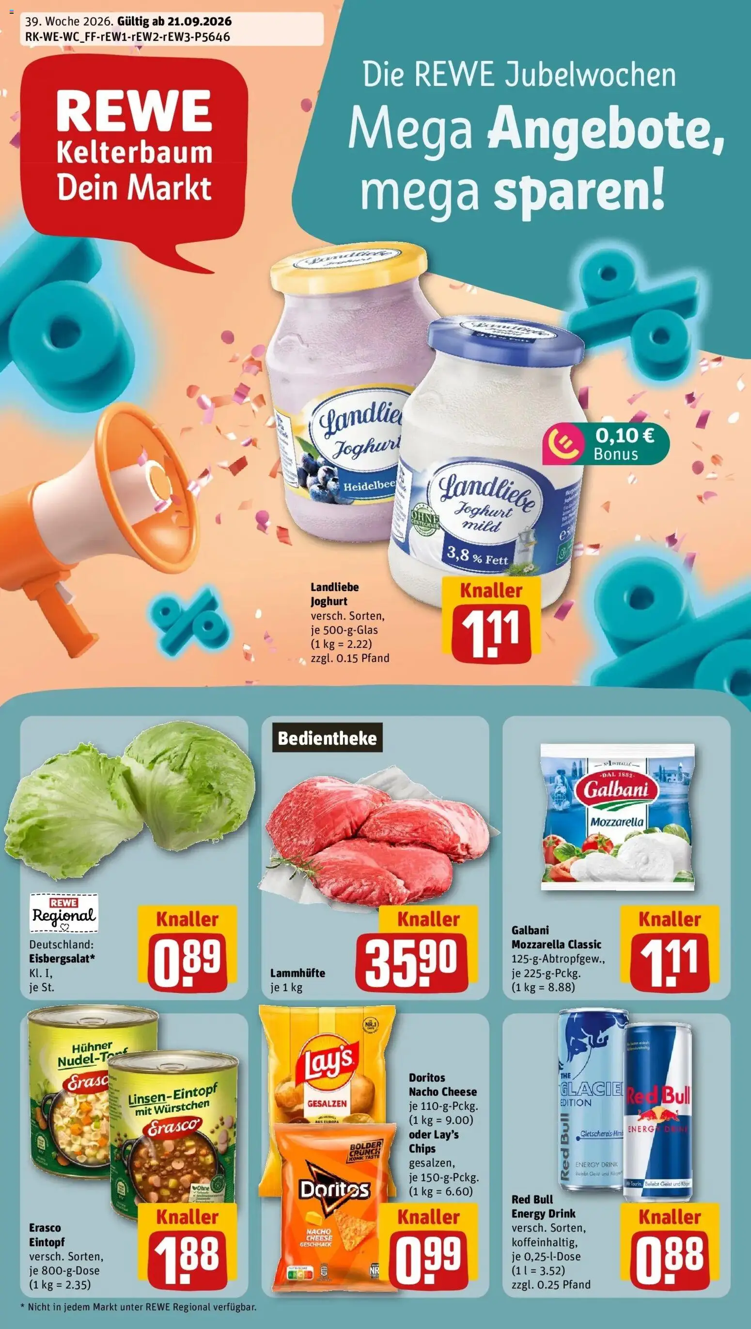 REWE Prospekt ab 21.09.2026 zum Blättern » Angebote | Seite: 1 | Produkte: Red bull, Joghurt, Mozzarella, Landliebe joghurt