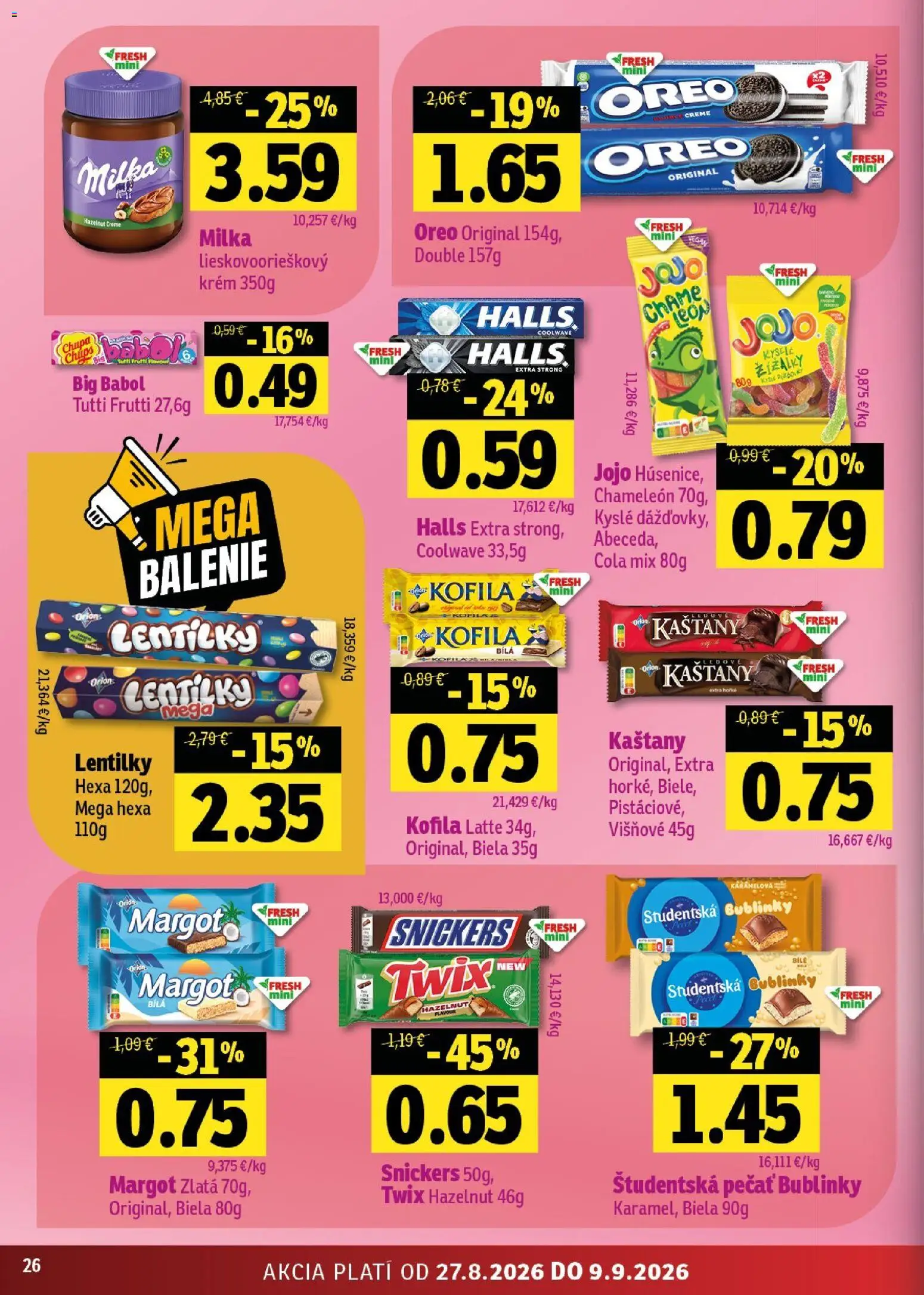 Nové Fresh akcie – leták je platný od 27.08.2026 | Strana: 26 | Produkty: Oreo, Študentská pečať, Krém, Milka