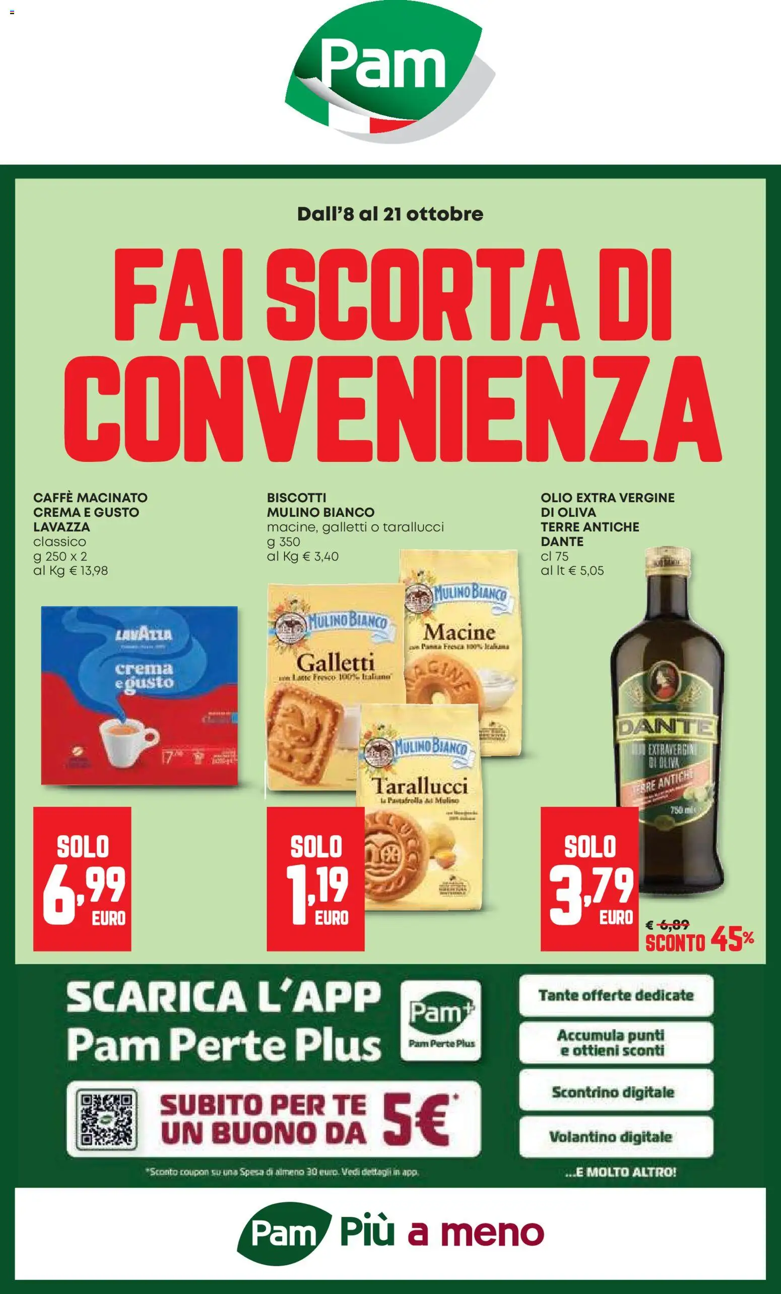 Volantino PAM del 08/10/2026 | Pagina: 1 | Prodotti: Crema, Olio extra vergine, Lavazza, Caffè macinato
