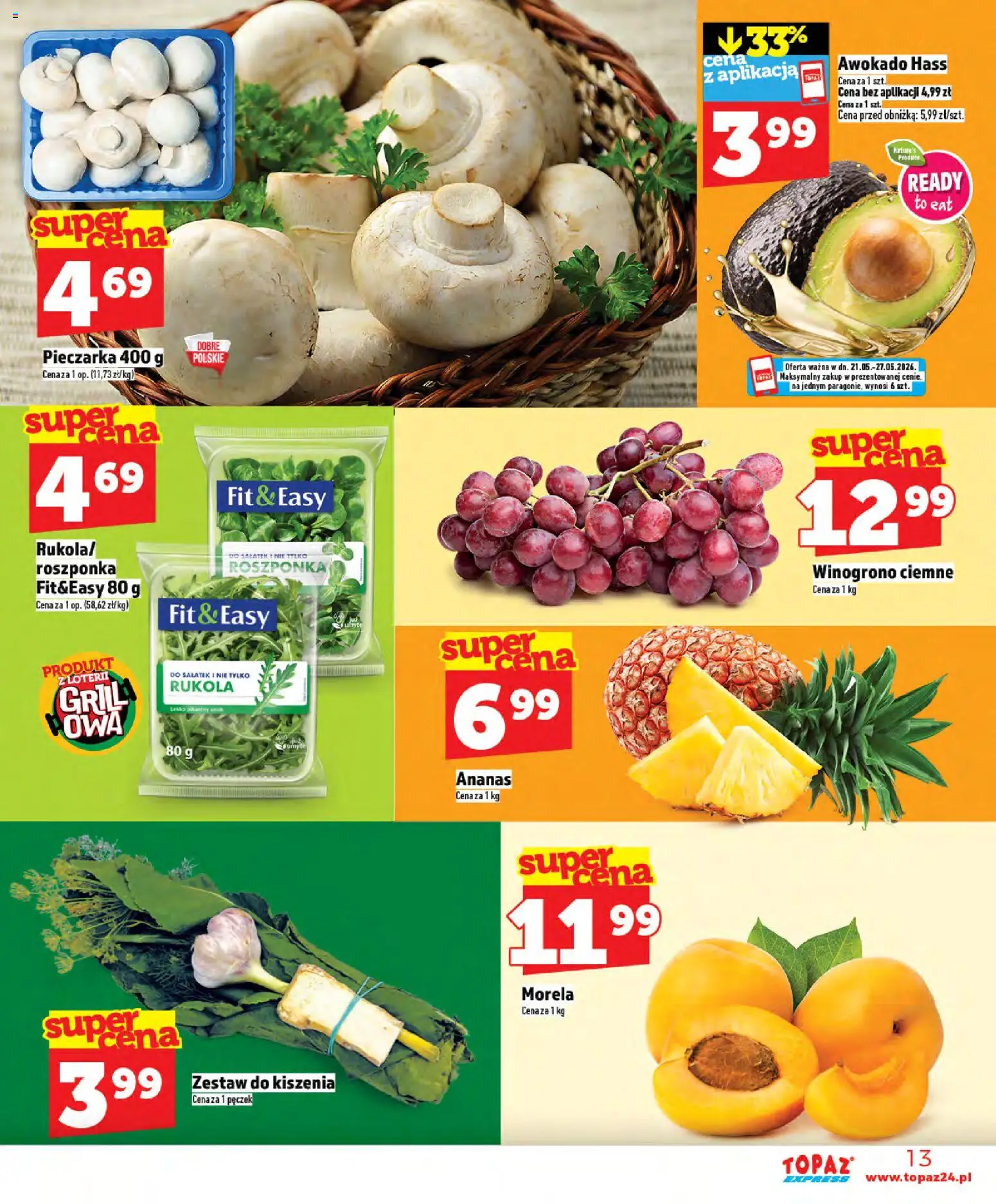 Topaz gazetka - Express od 21.05.2026 | Strona: 13 | Produkty: Rukola, Roszponka, Ananas, Awokado