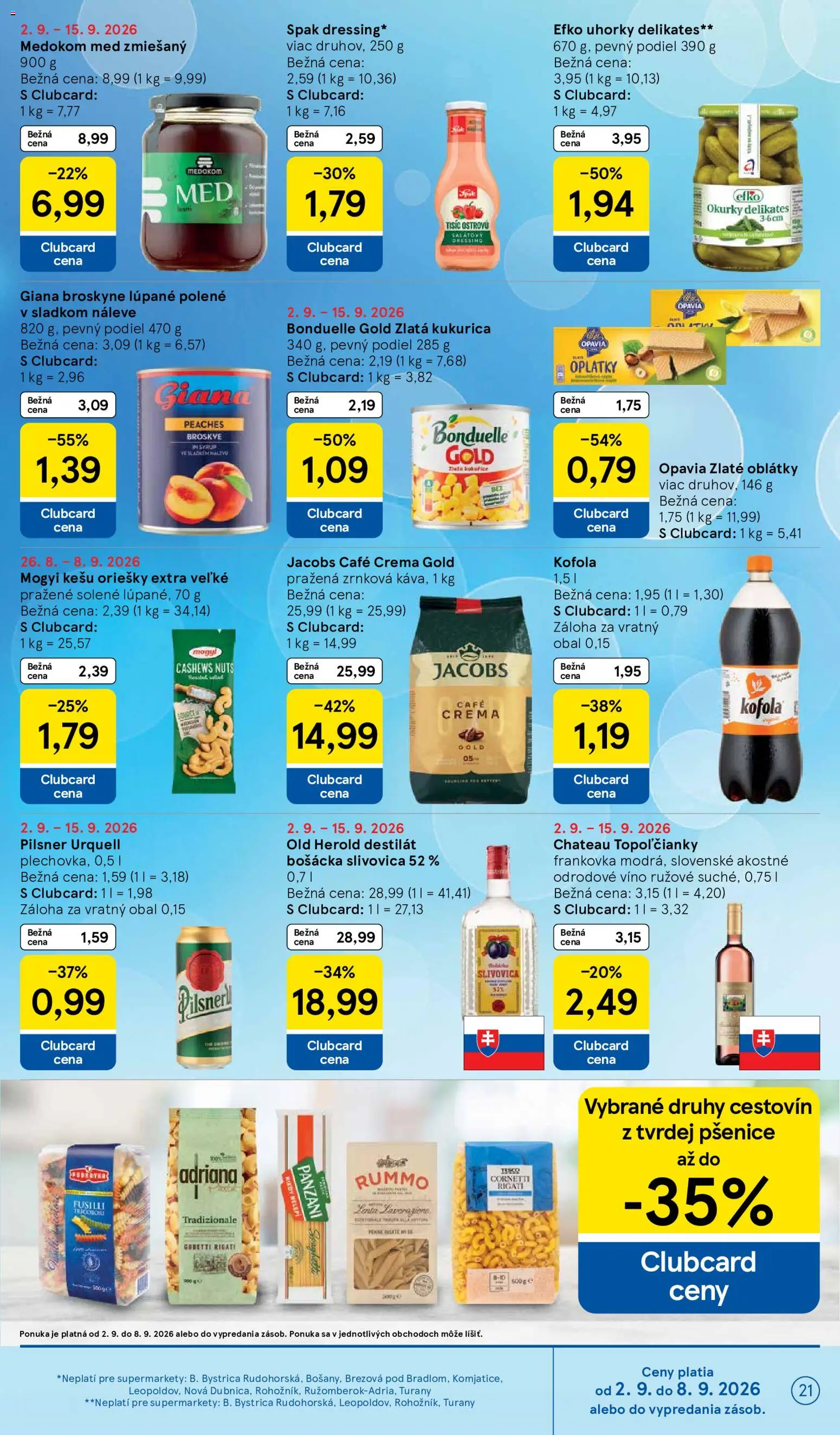 Nové Tesco akcie – leták je platný od 02.09.2026 | Strana: 21 | Produkty: Oriešky, Med, Cola, Broskyne