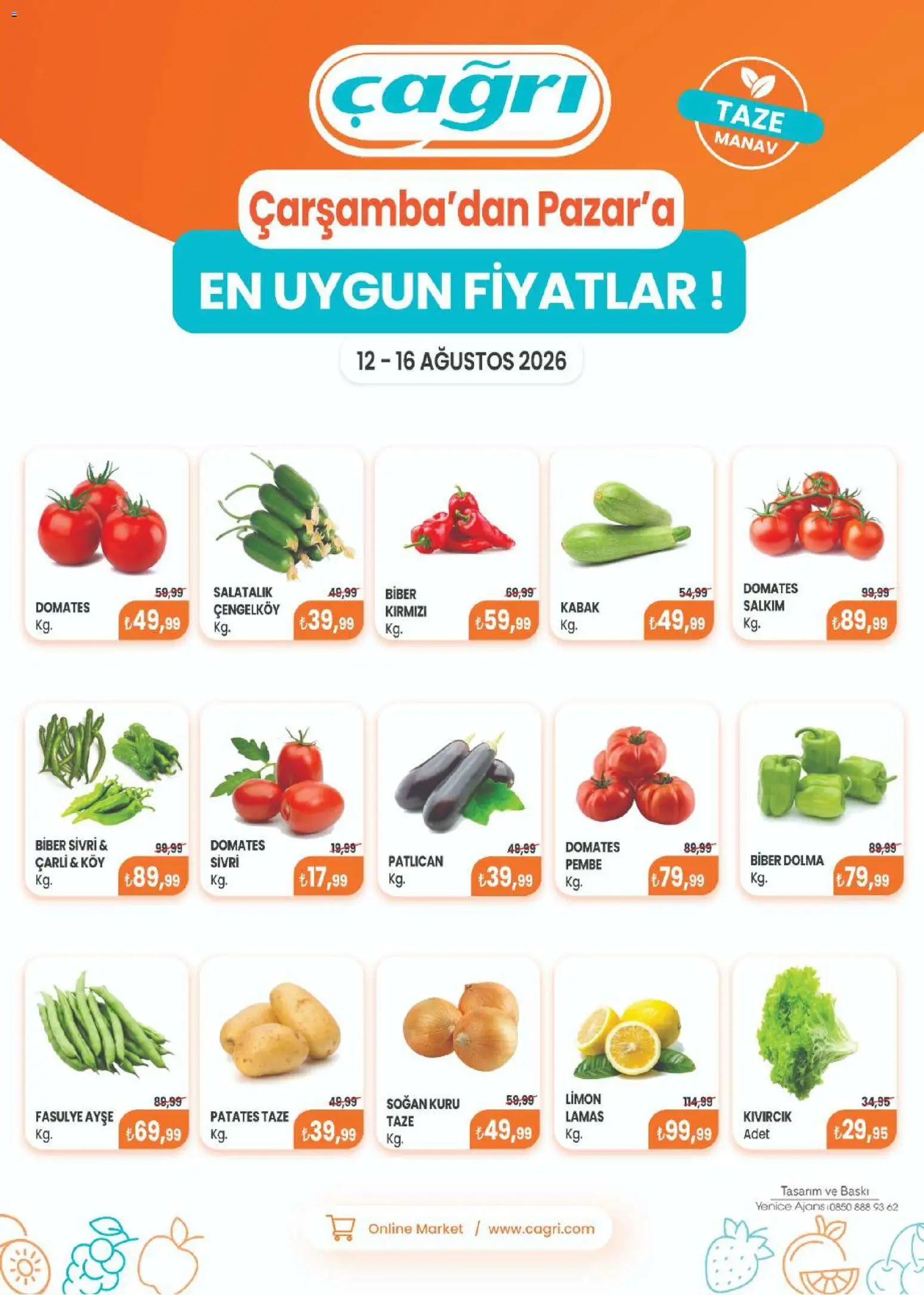Çağrı Market - Manav Katalog - 12 Ağustos 2026 tarihinden itibaren geçerlidir | Sayfa: 1 | Ürünler: Kabak, Patates, Biber, Patlıcan